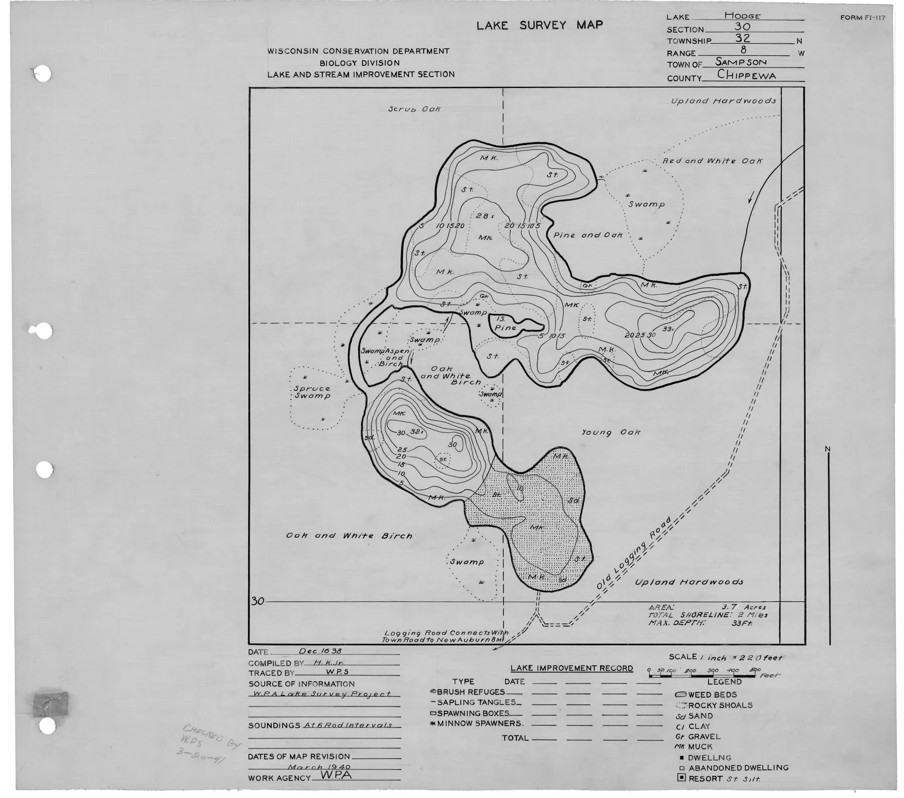 Hodge Lake historical Wisconsin DNR depth map sheet 1