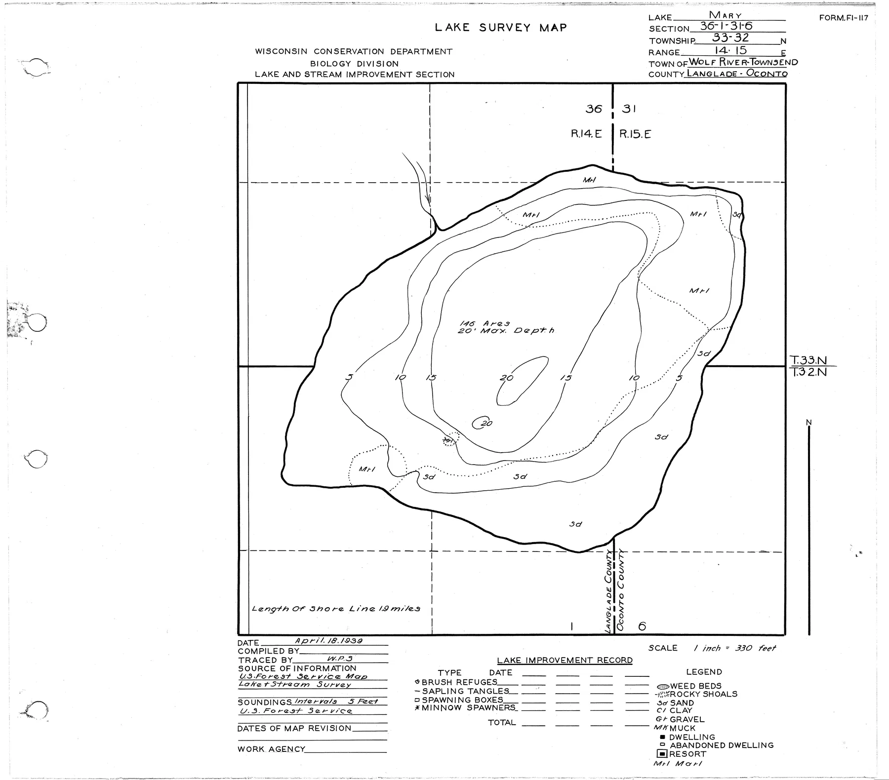 Mary Lake historical Wisconsin DNR depth map sheet 1