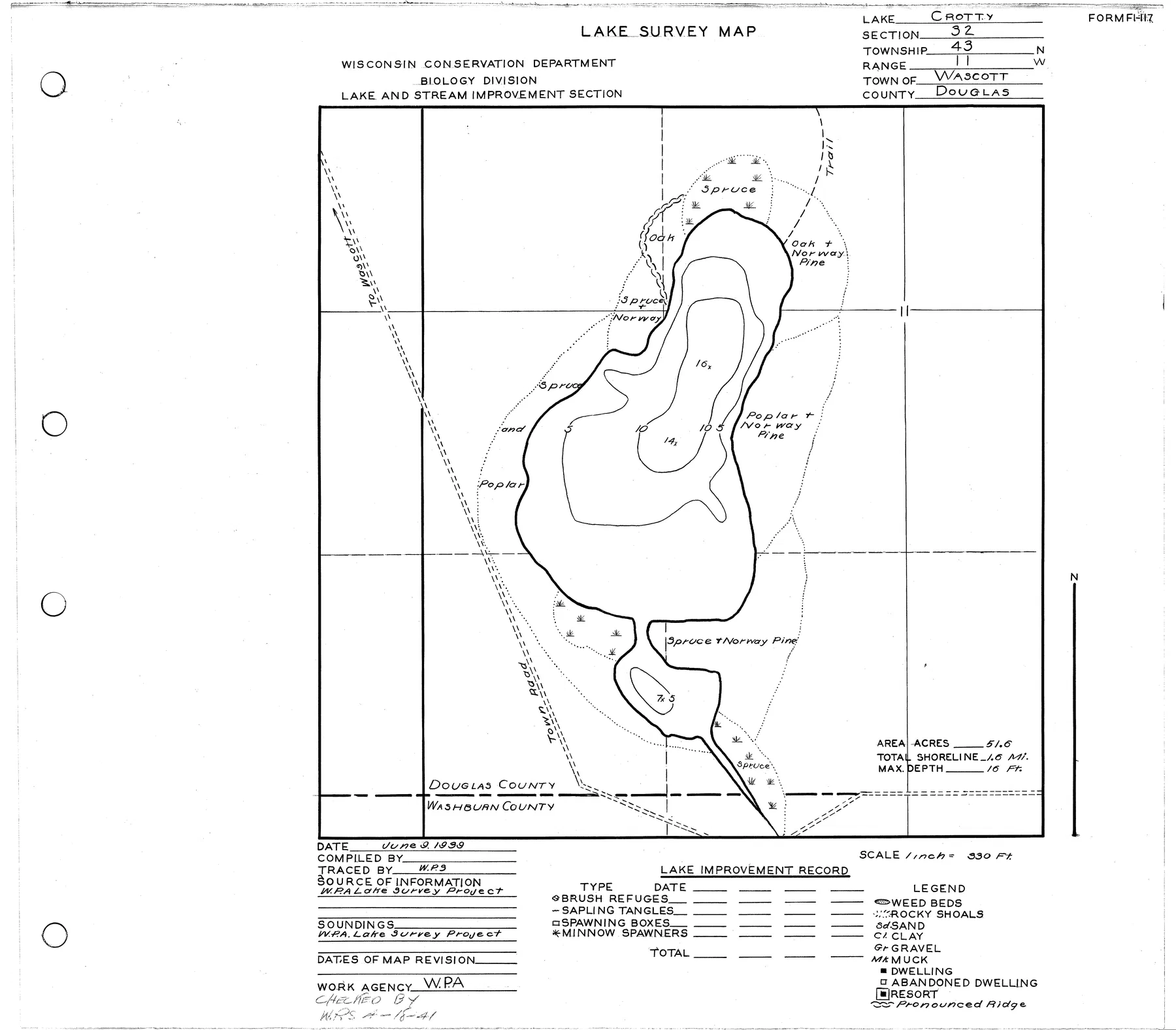 Crotty Lake historical Wisconsin DNR depth map sheet 1