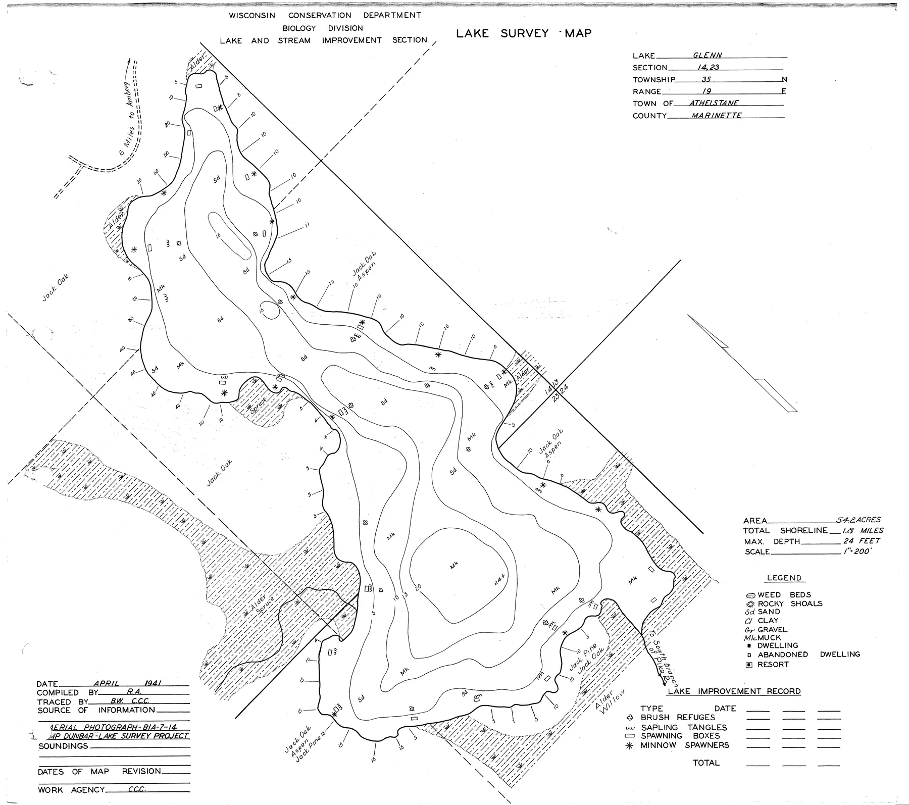 Glen Lake historical Wisconsin DNR depth map sheet 1