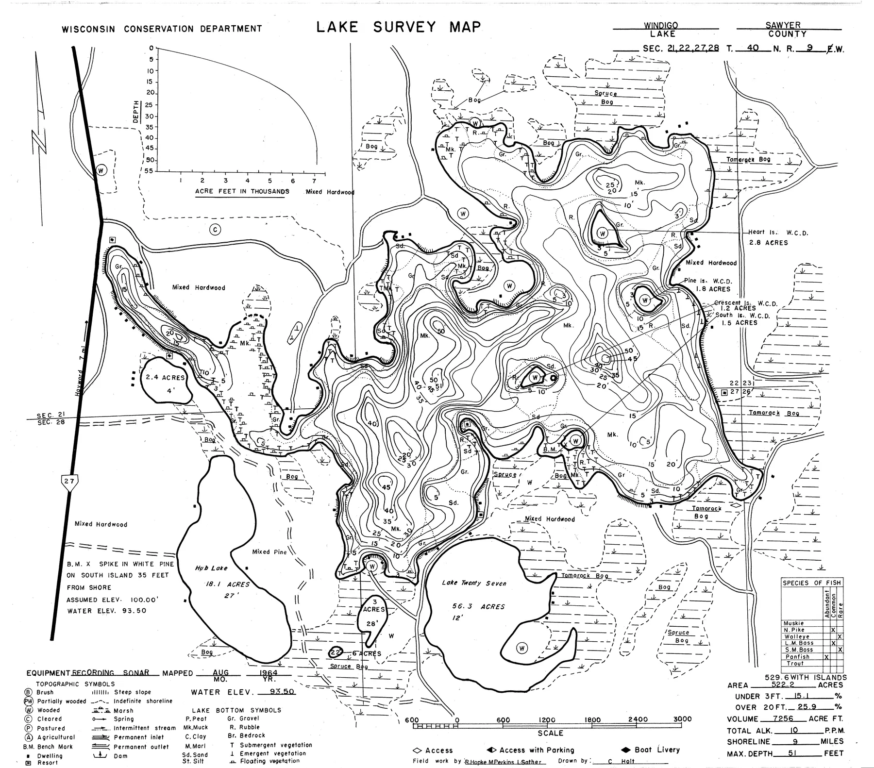 Windigo Lake historical Wisconsin DNR depth map sheet 1