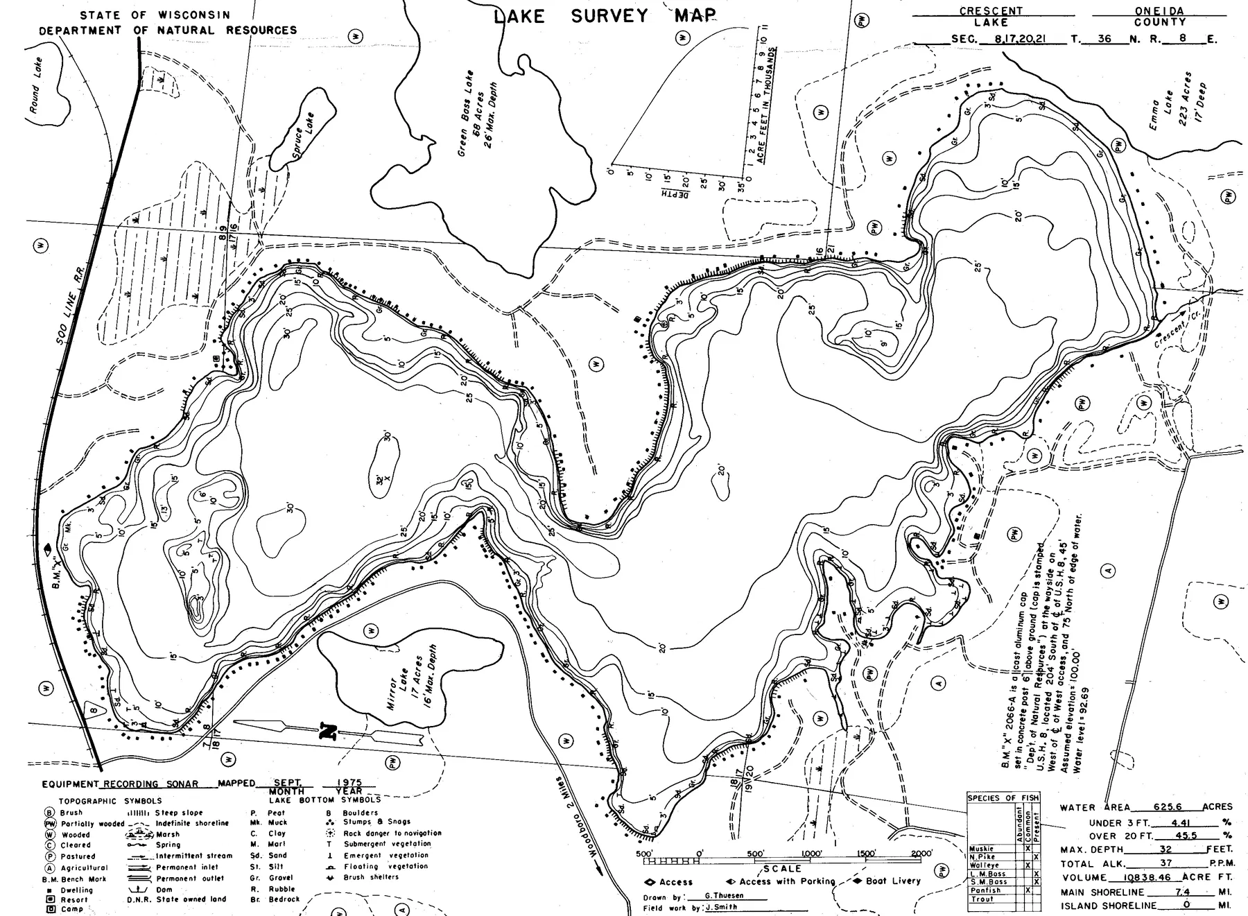 Crescent Lake historical Wisconsin DNR depth map sheet 1