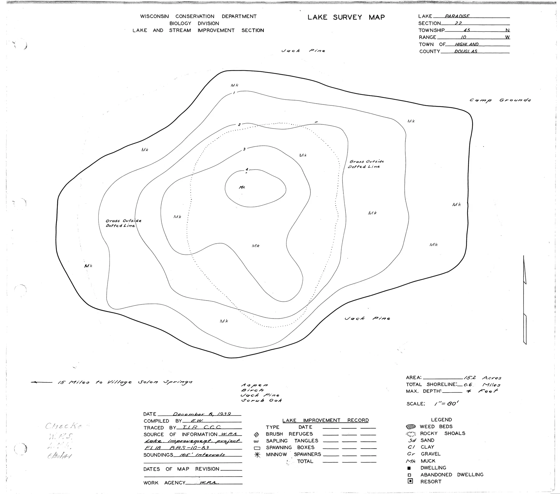 Paradise Lake historical Wisconsin DNR depth map sheet 1