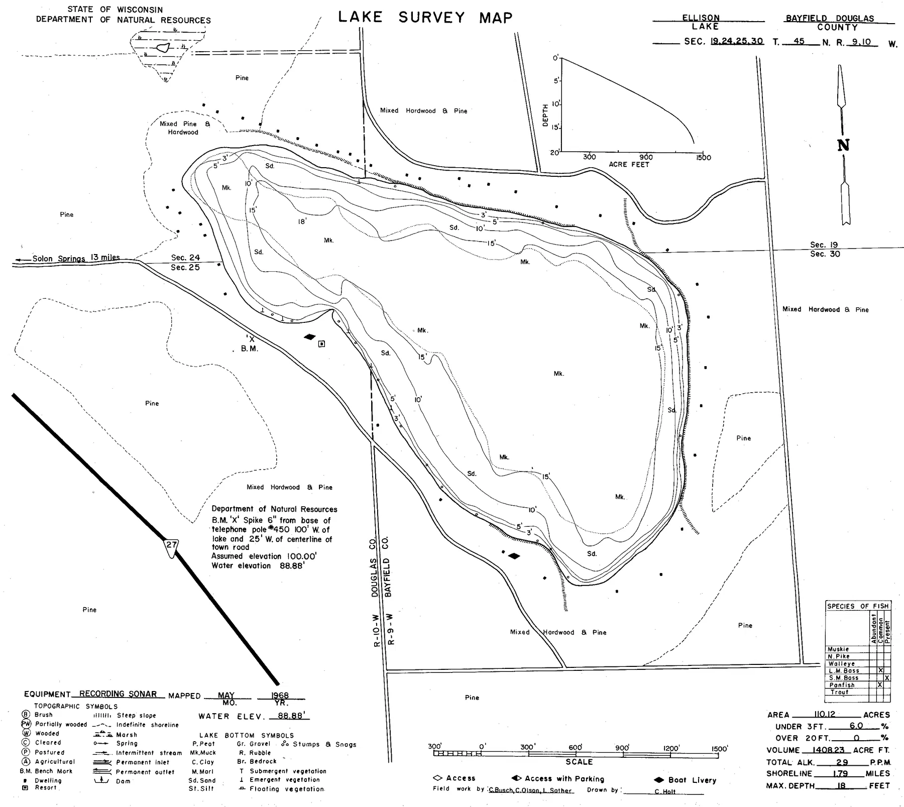 Ellison Lake historical Wisconsin DNR depth map sheet 1