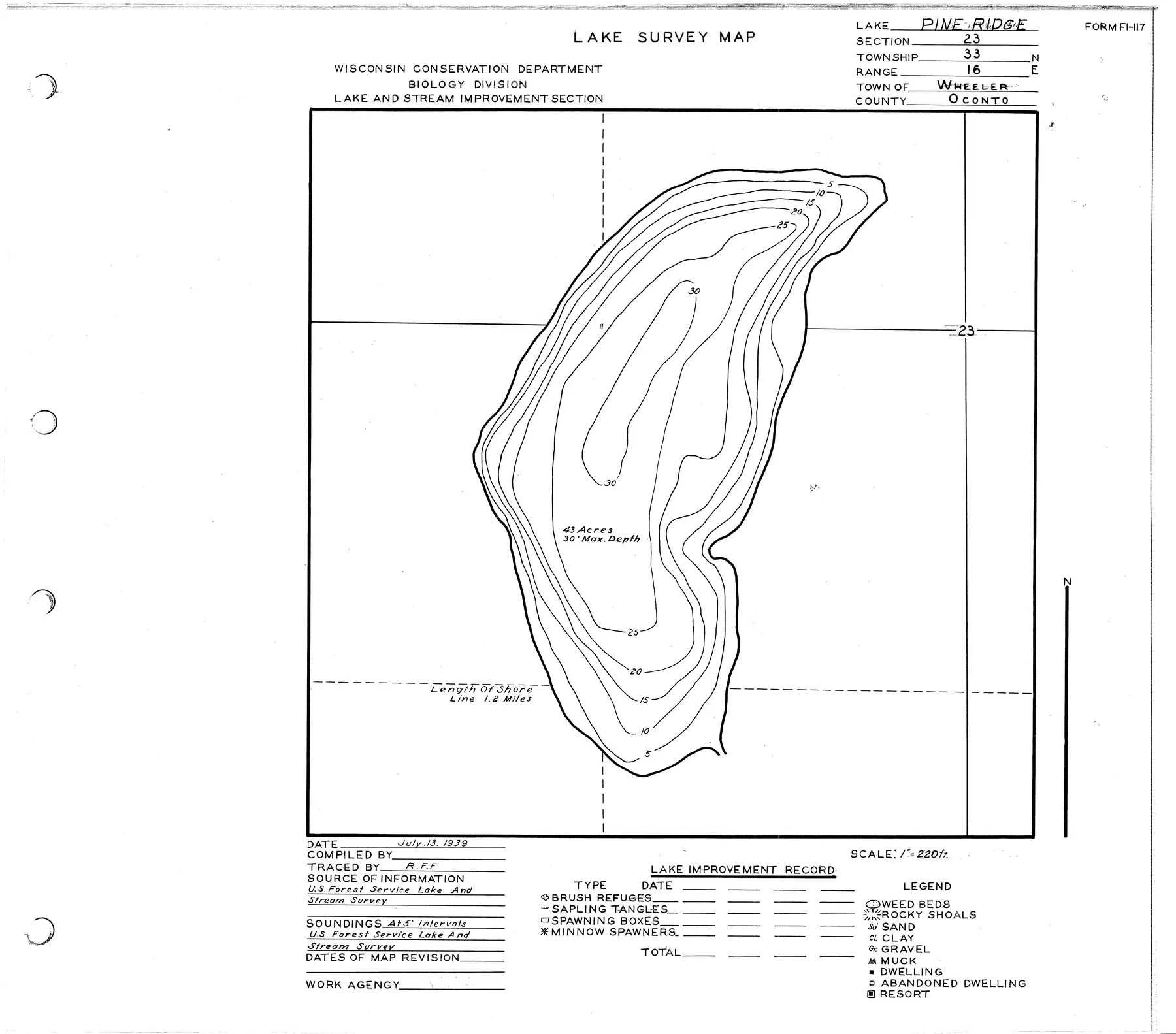 Pine Ridge Lake historical Wisconsin DNR depth map sheet 1