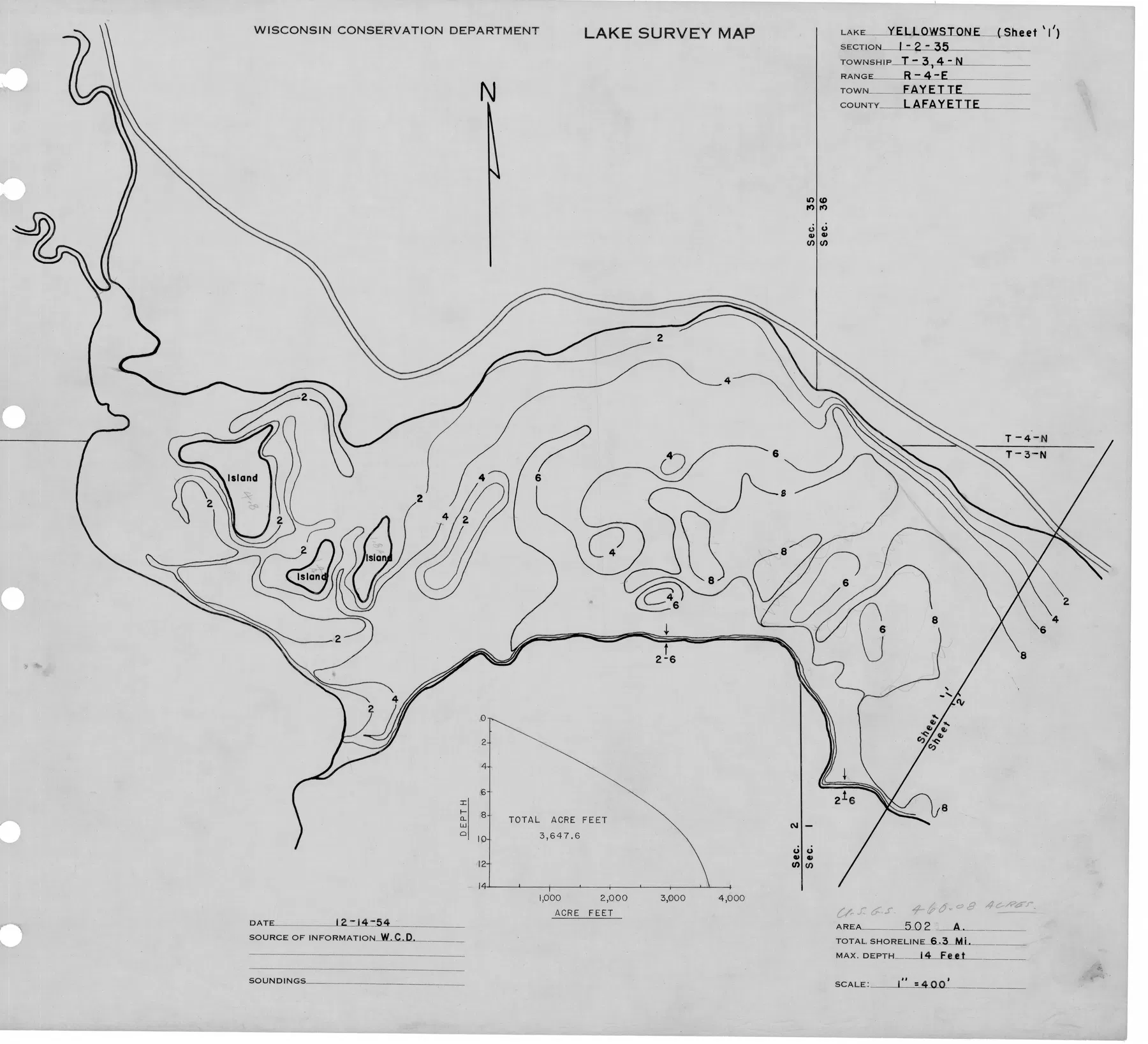 Yellowstone Lake historical Wisconsin DNR depth map sheet 1