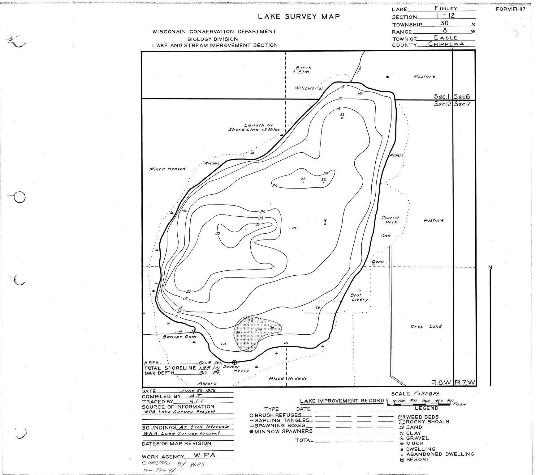 Finley Lake historical Wisconsin DNR depth map sheet 1