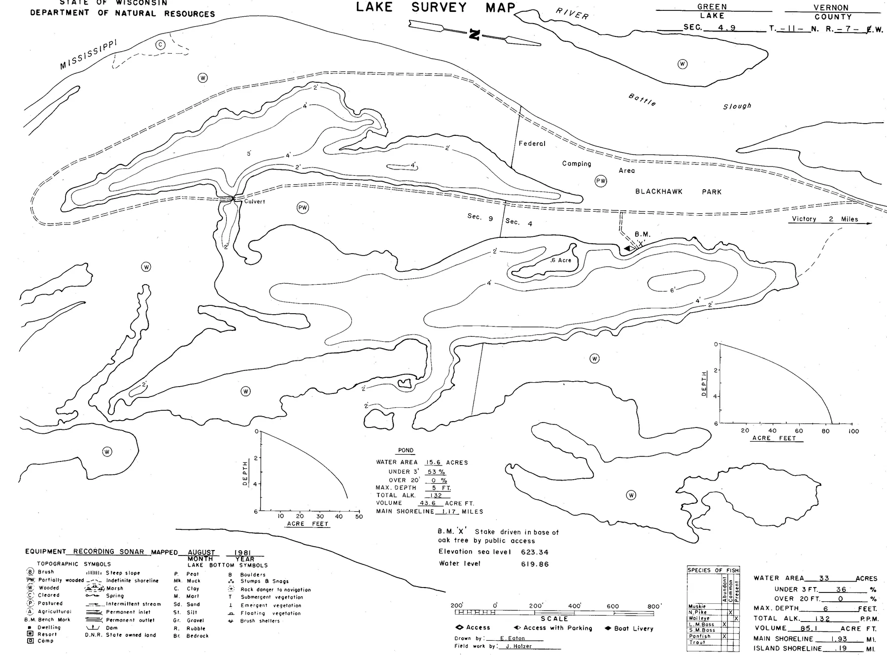 Green Lake historical Wisconsin DNR depth map sheet 1