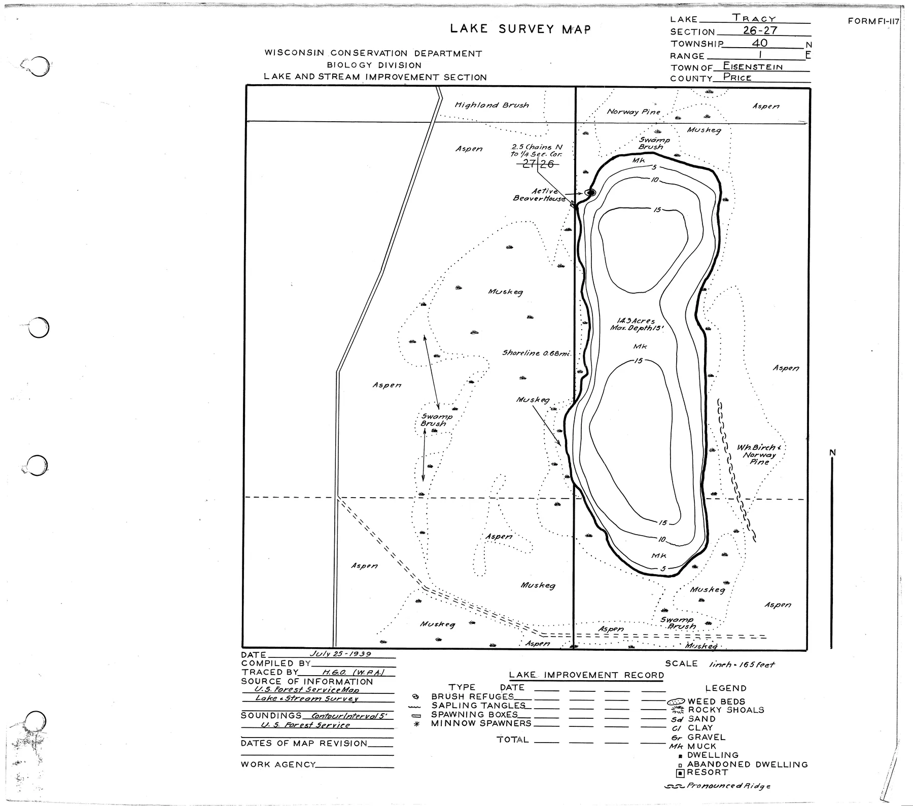 Tracy Lake historical Wisconsin DNR depth map sheet 1