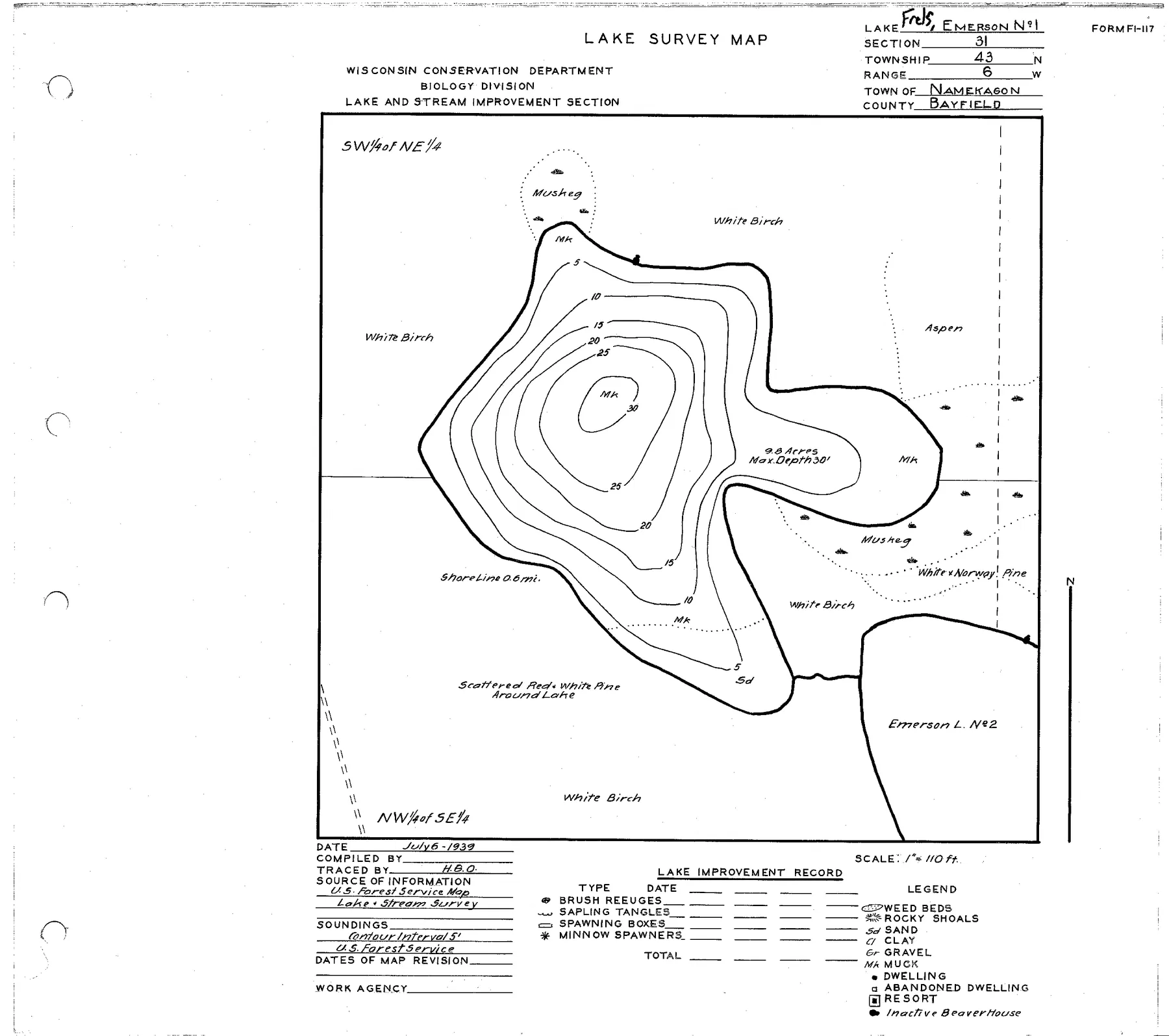 Frels Lake historical Wisconsin DNR depth map sheet 1