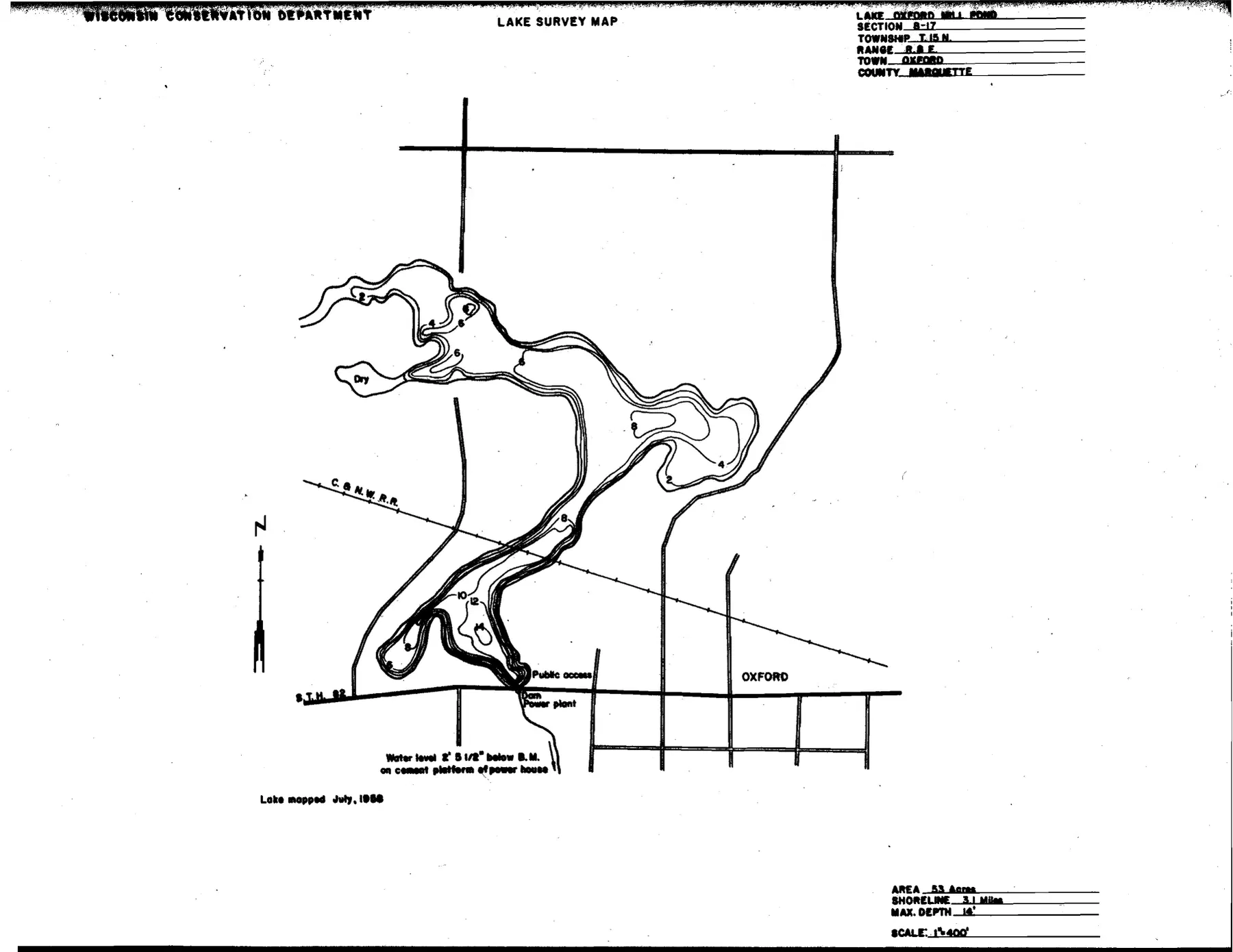Neenah Lake historical Wisconsin DNR depth map sheet 1