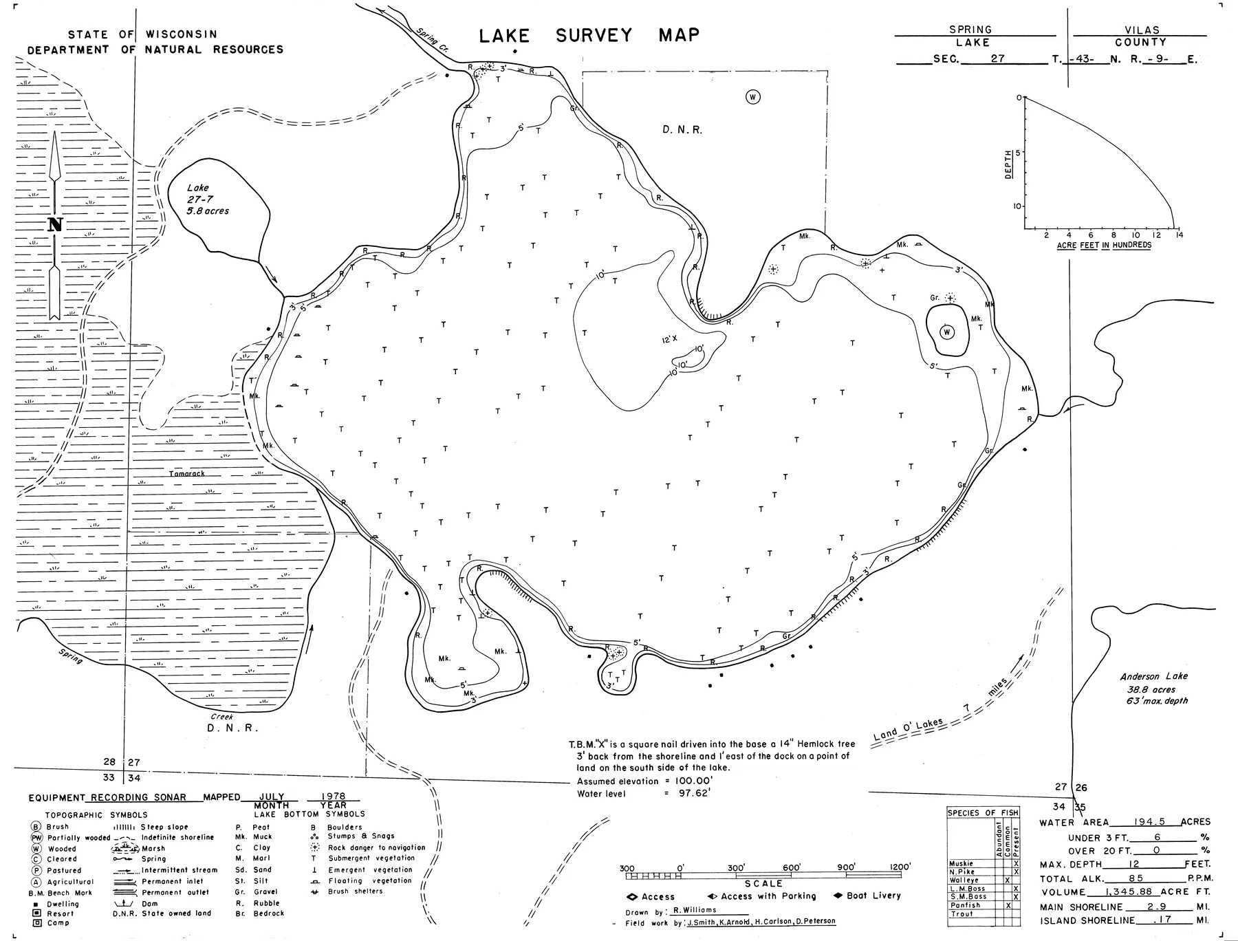 Spring Lake historical Wisconsin DNR depth map sheet 1