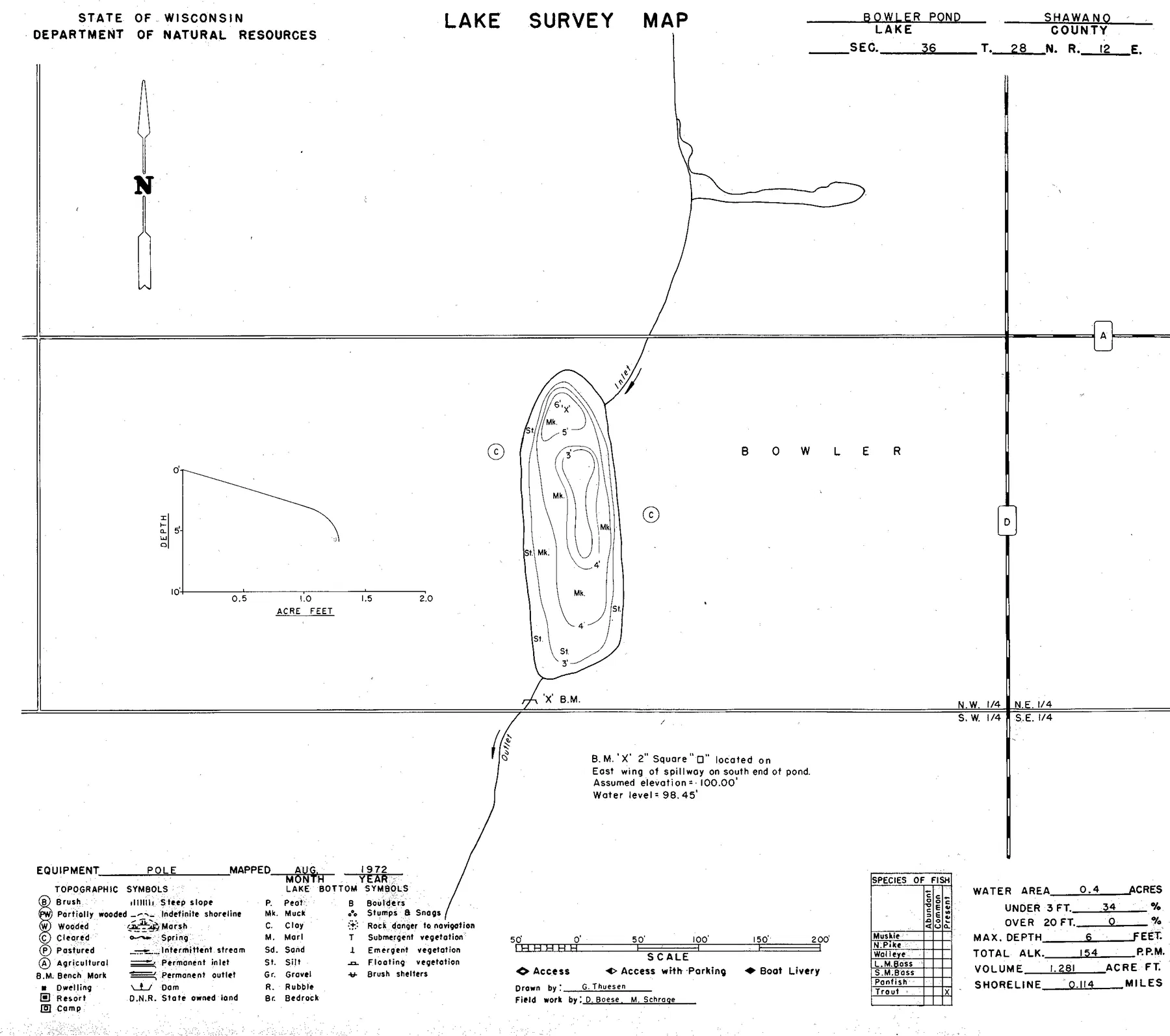 Bowler Pond historical Wisconsin DNR depth map sheet 1