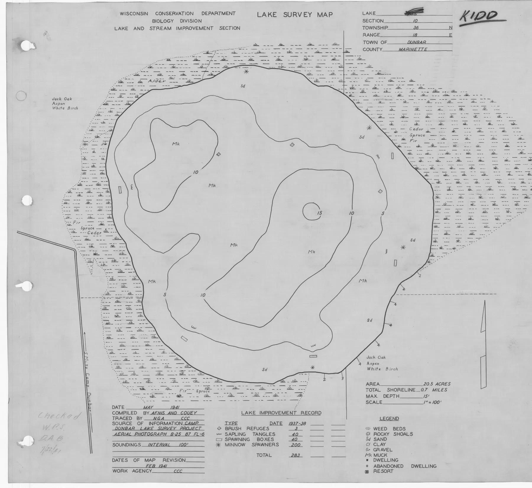 Kidd Lake historical Wisconsin DNR depth map sheet 1