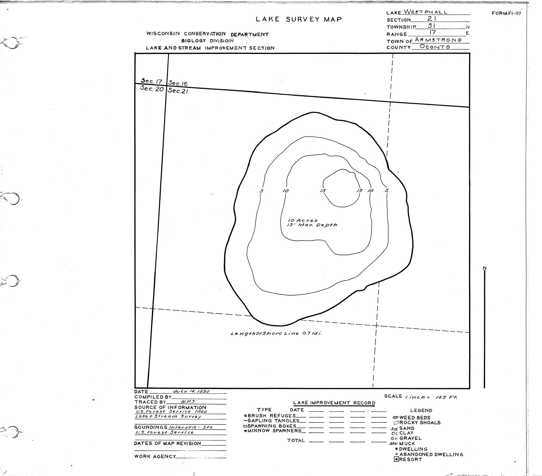 Westphall Lake historical Wisconsin DNR depth map sheet 1