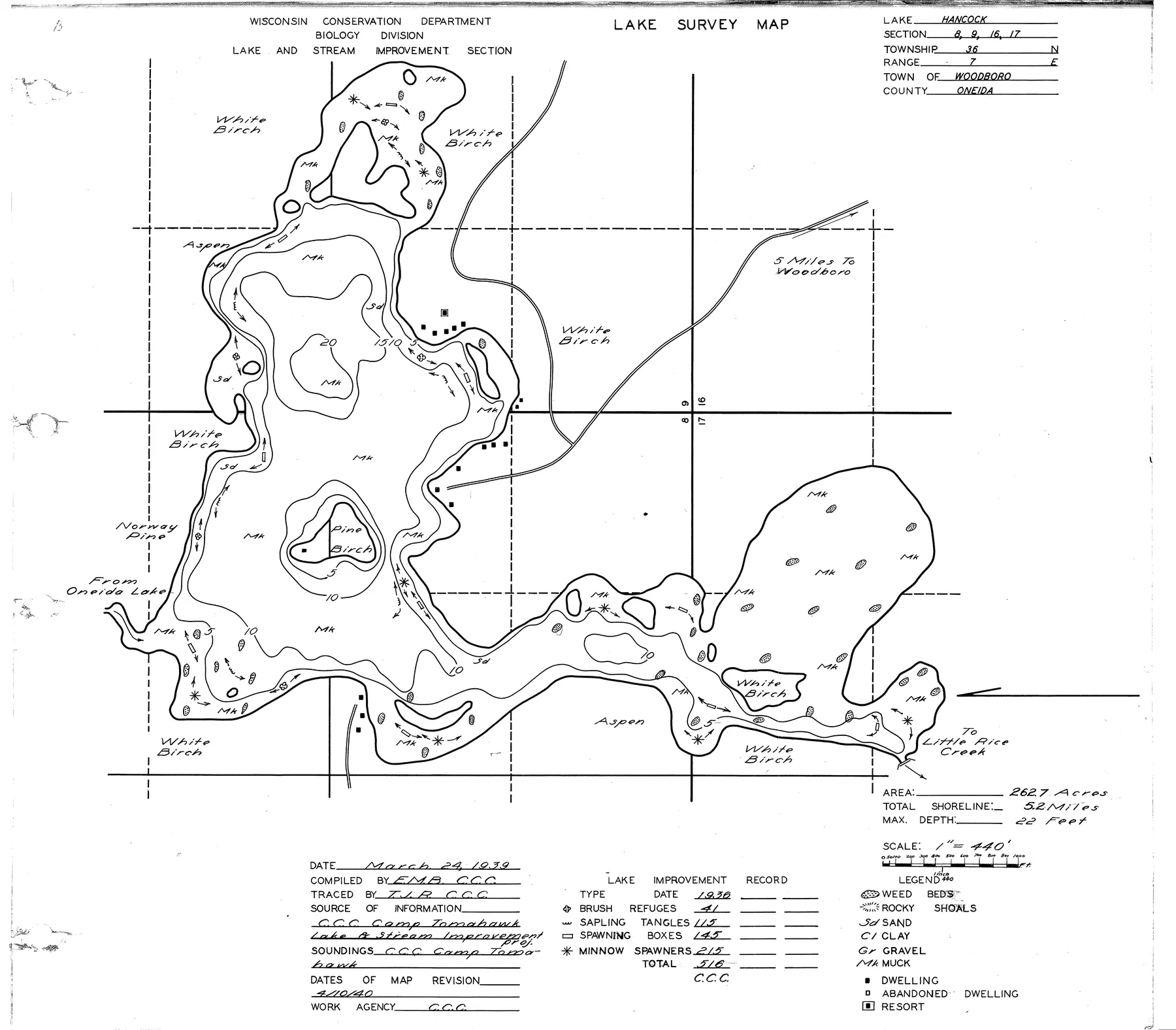 Hancock Lake historical Wisconsin DNR depth map sheet 1