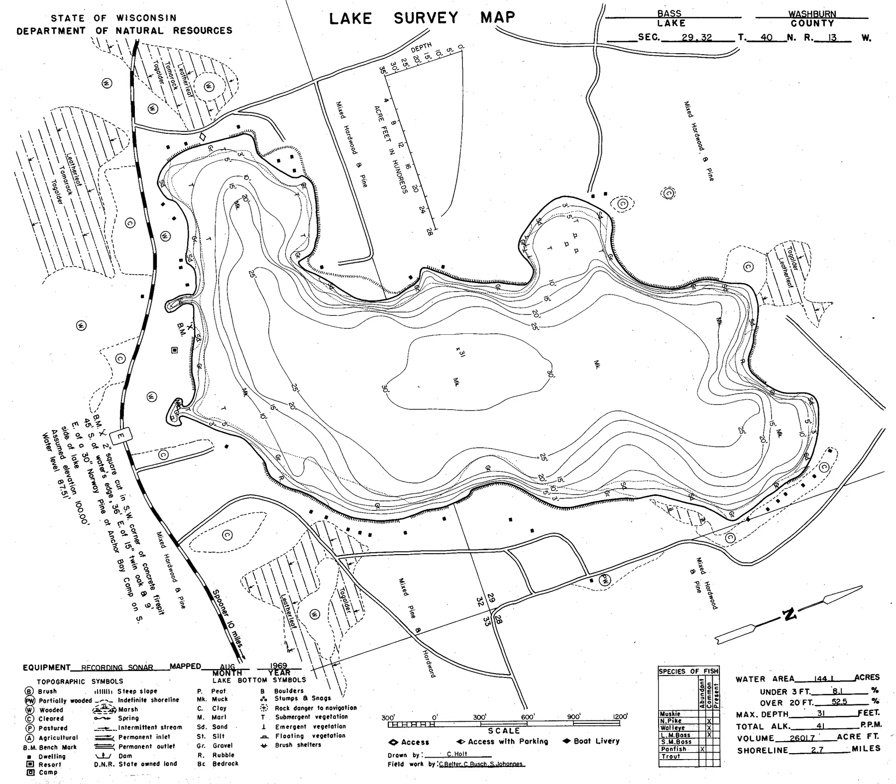 Bass Lake historical Wisconsin DNR depth map sheet 1