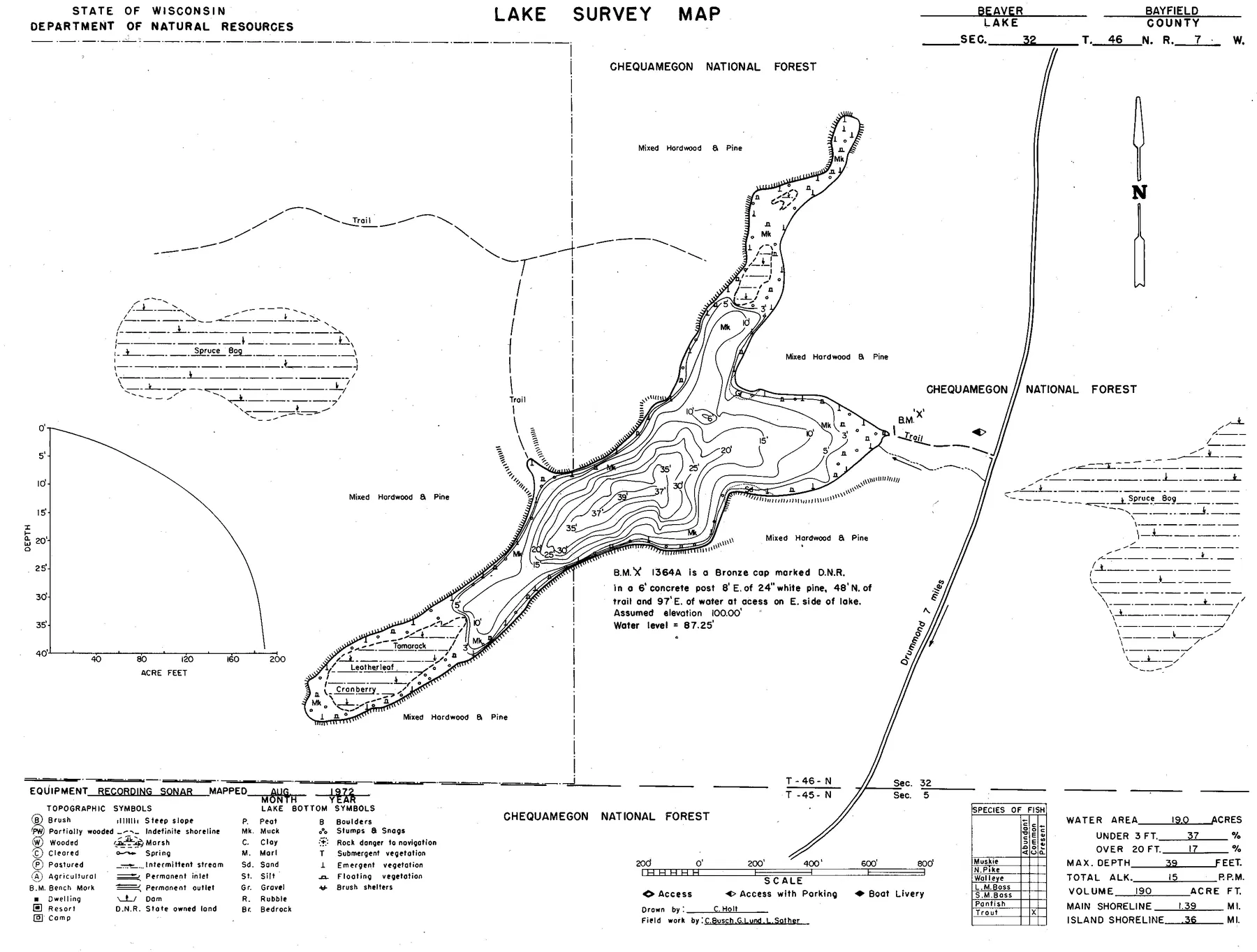 Beaver Lake historical Wisconsin DNR depth map sheet 1