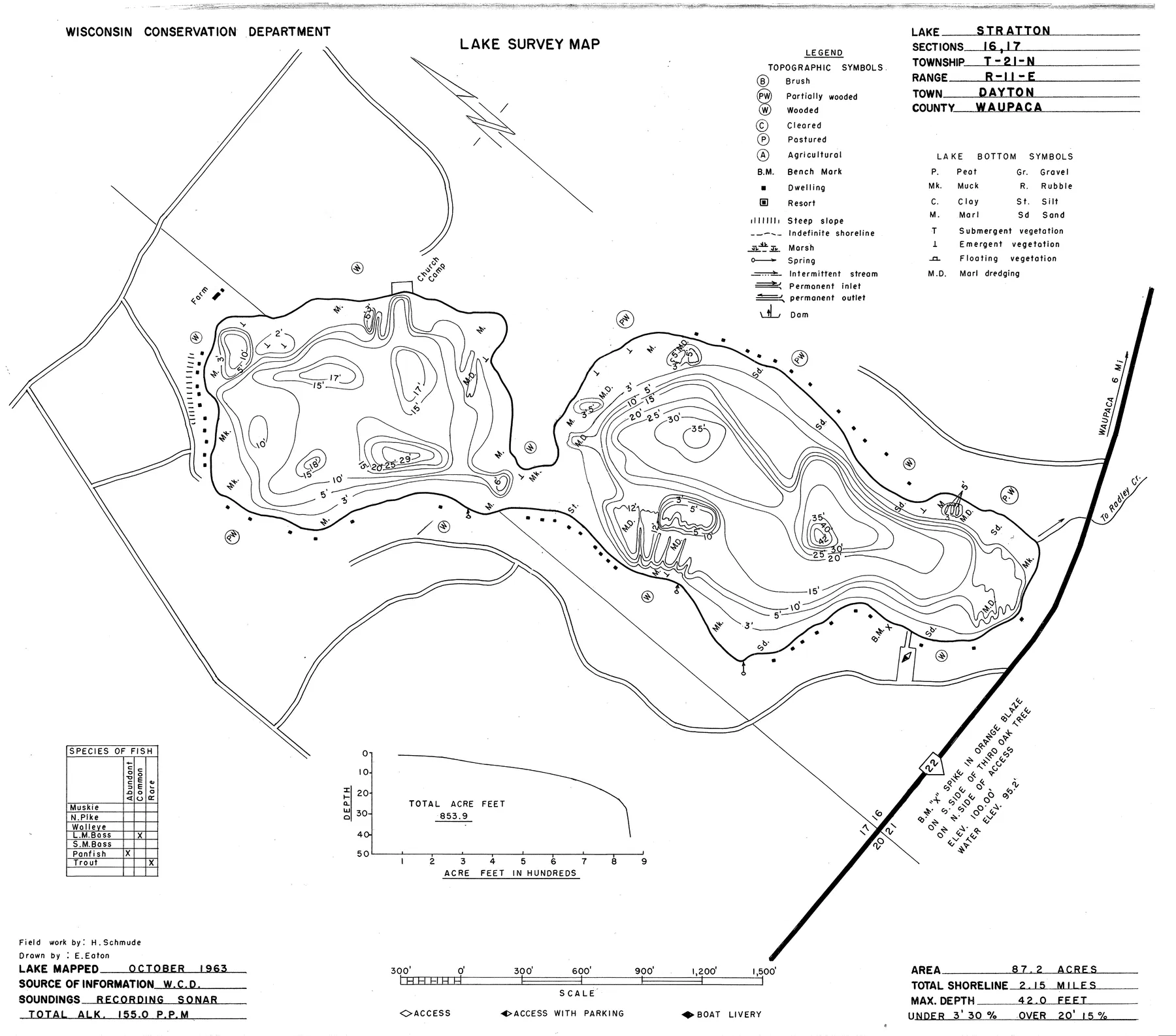Stratton Lake historical Wisconsin DNR depth map sheet 1