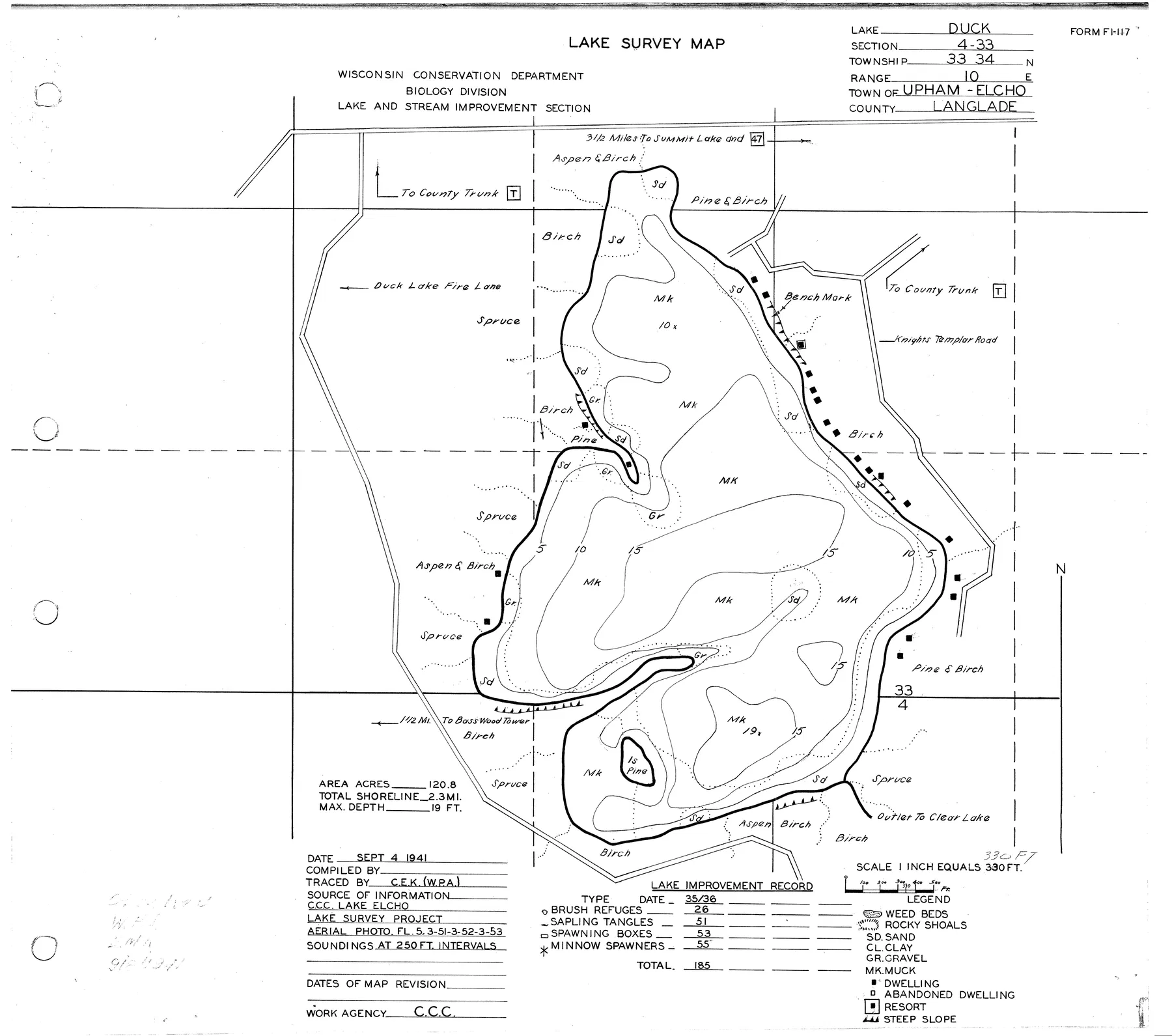 Duck Lake historical Wisconsin DNR depth map sheet 1