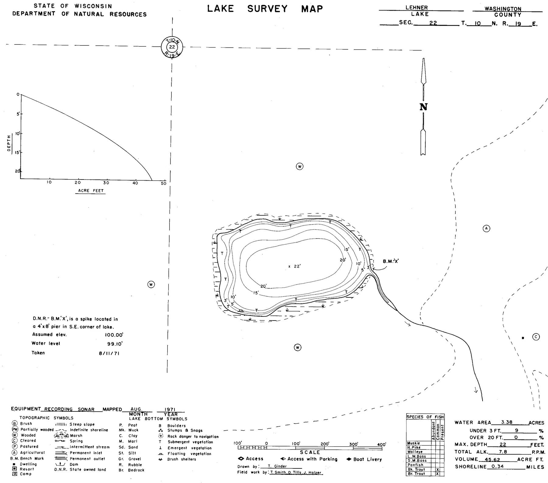 Lehner Lake historical Wisconsin DNR depth map sheet 1