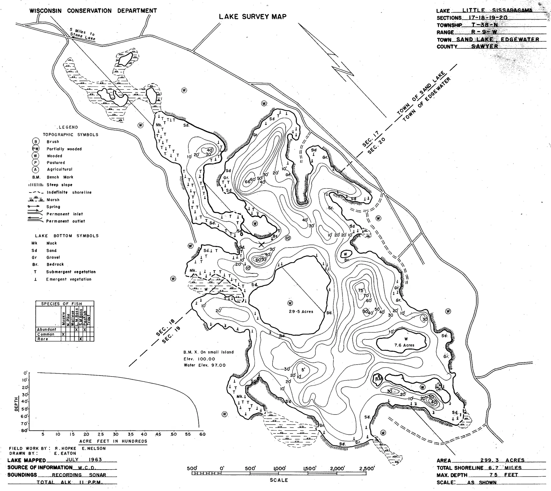 Little Sissabagama Lake historical Wisconsin DNR depth map sheet 1