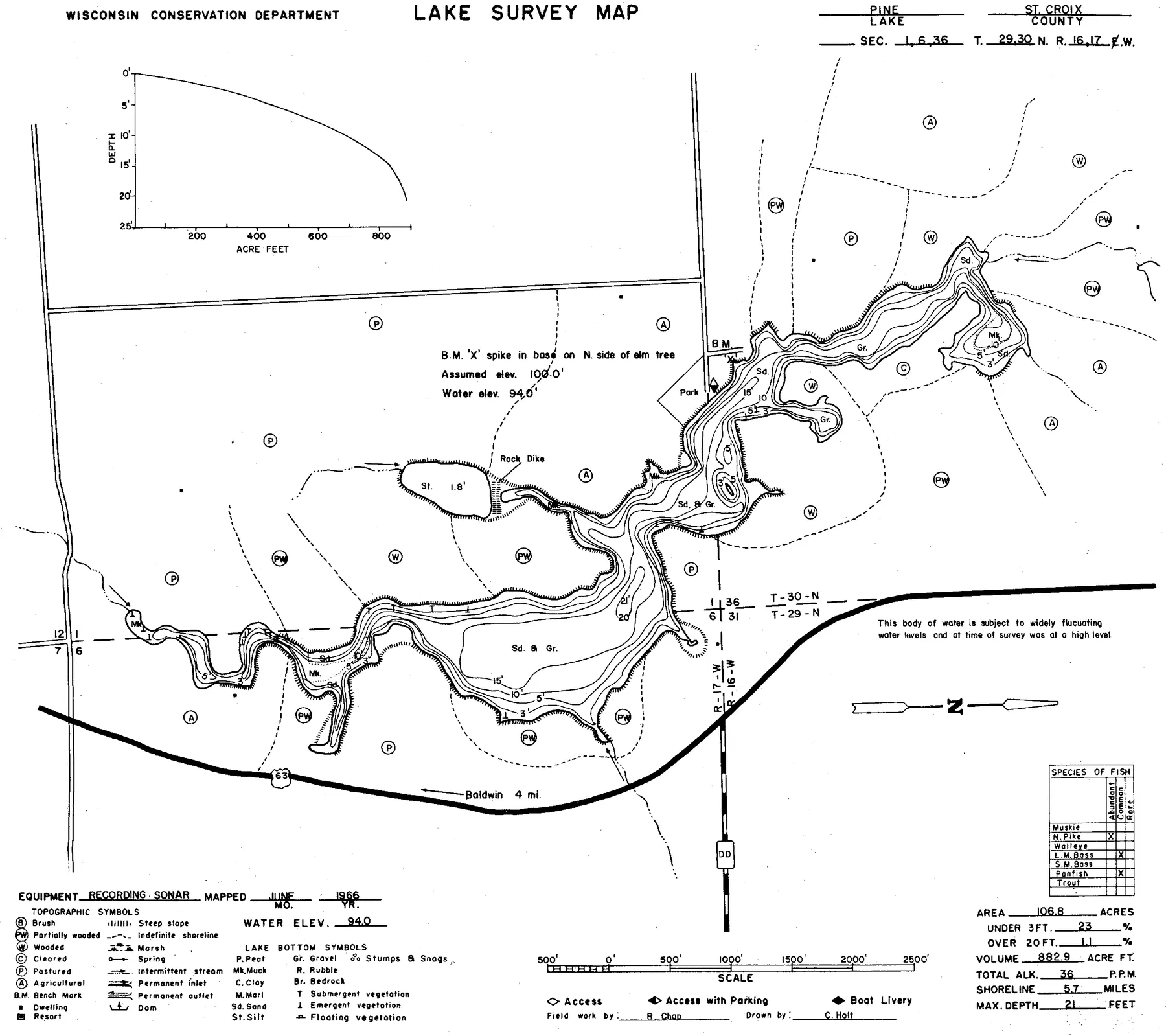 Pine Lake historical Wisconsin DNR depth map sheet 1