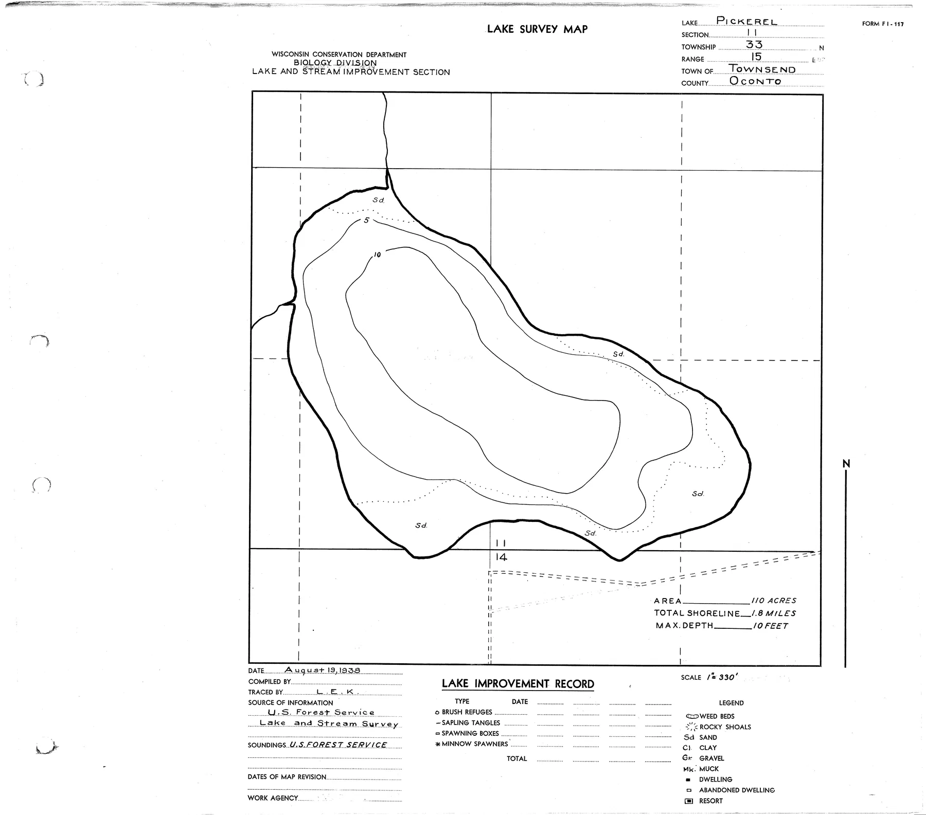 Pickerel Lake historical Wisconsin DNR depth map sheet 1
