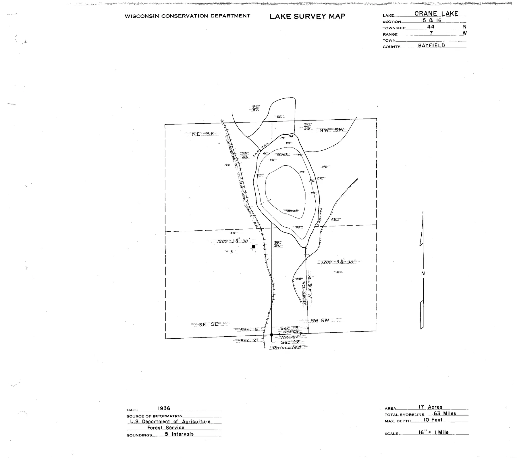 Crane Lake historical Wisconsin DNR depth map sheet 1