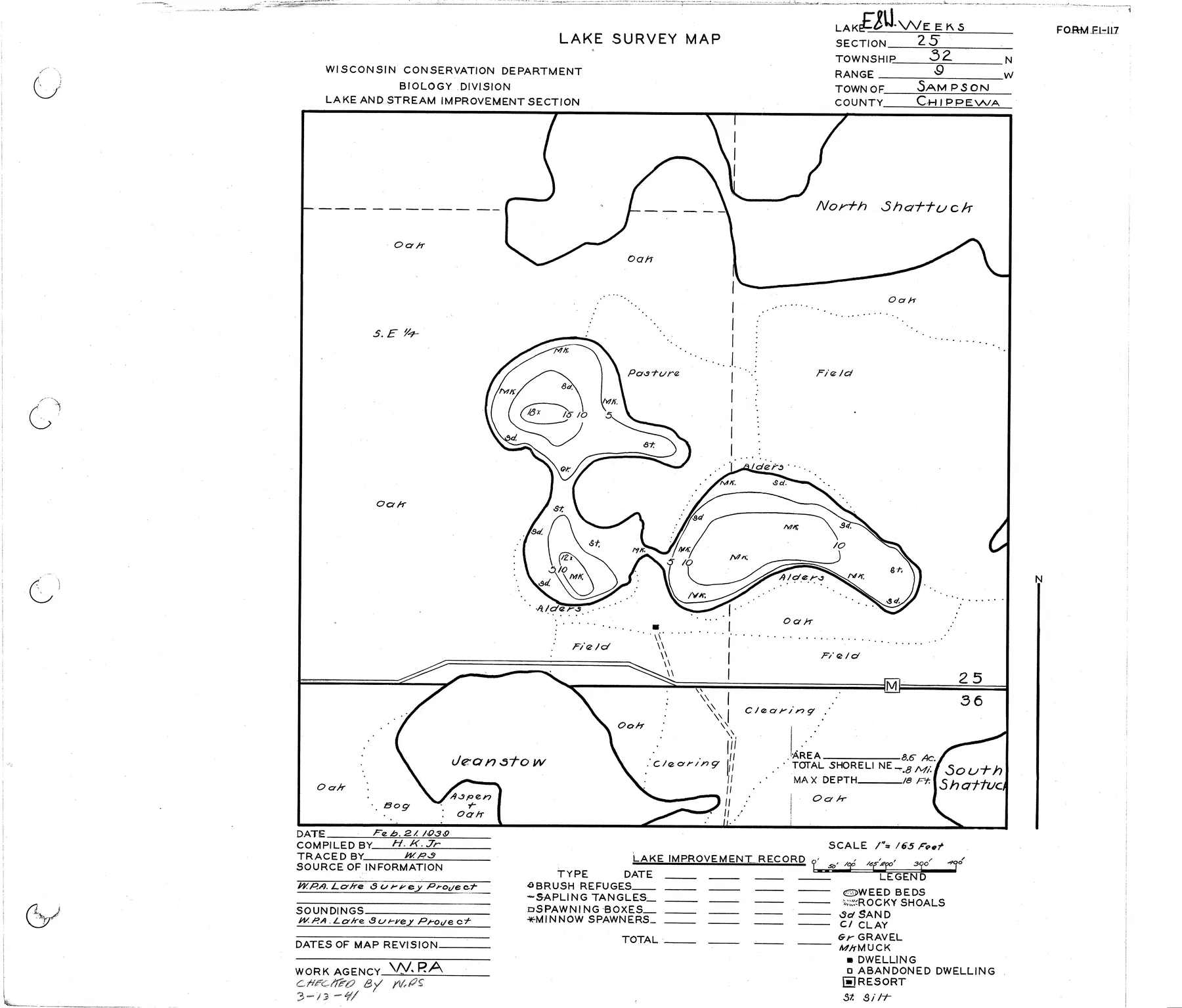 Weeks Lakes historical Wisconsin DNR depth map sheet 1