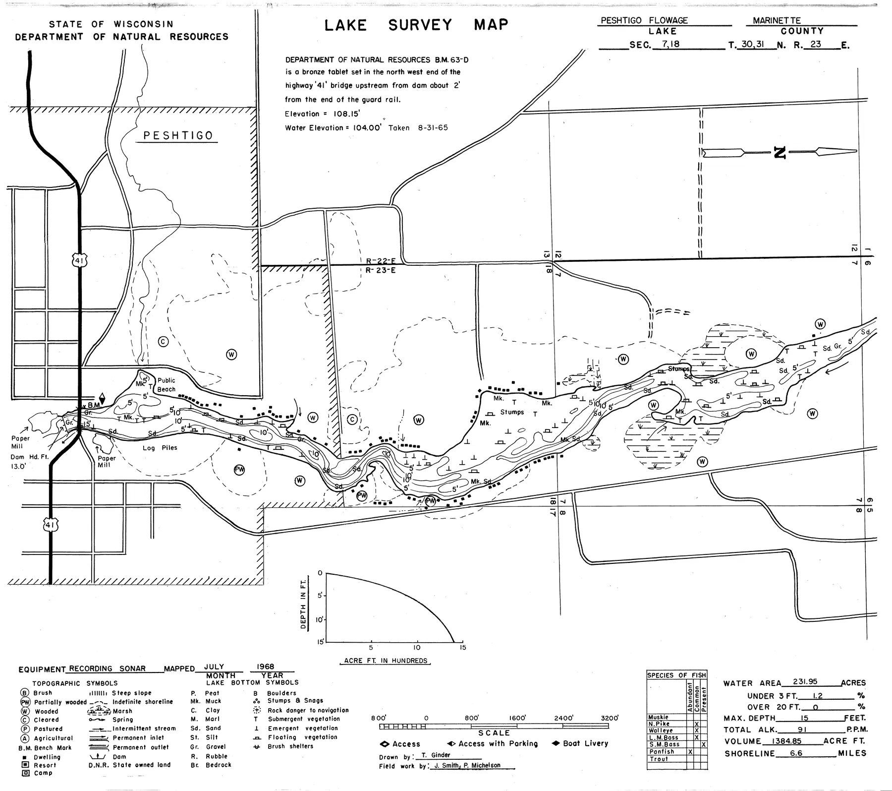 Peshtigo Flowage 1086 historical Wisconsin DNR depth map sheet 1