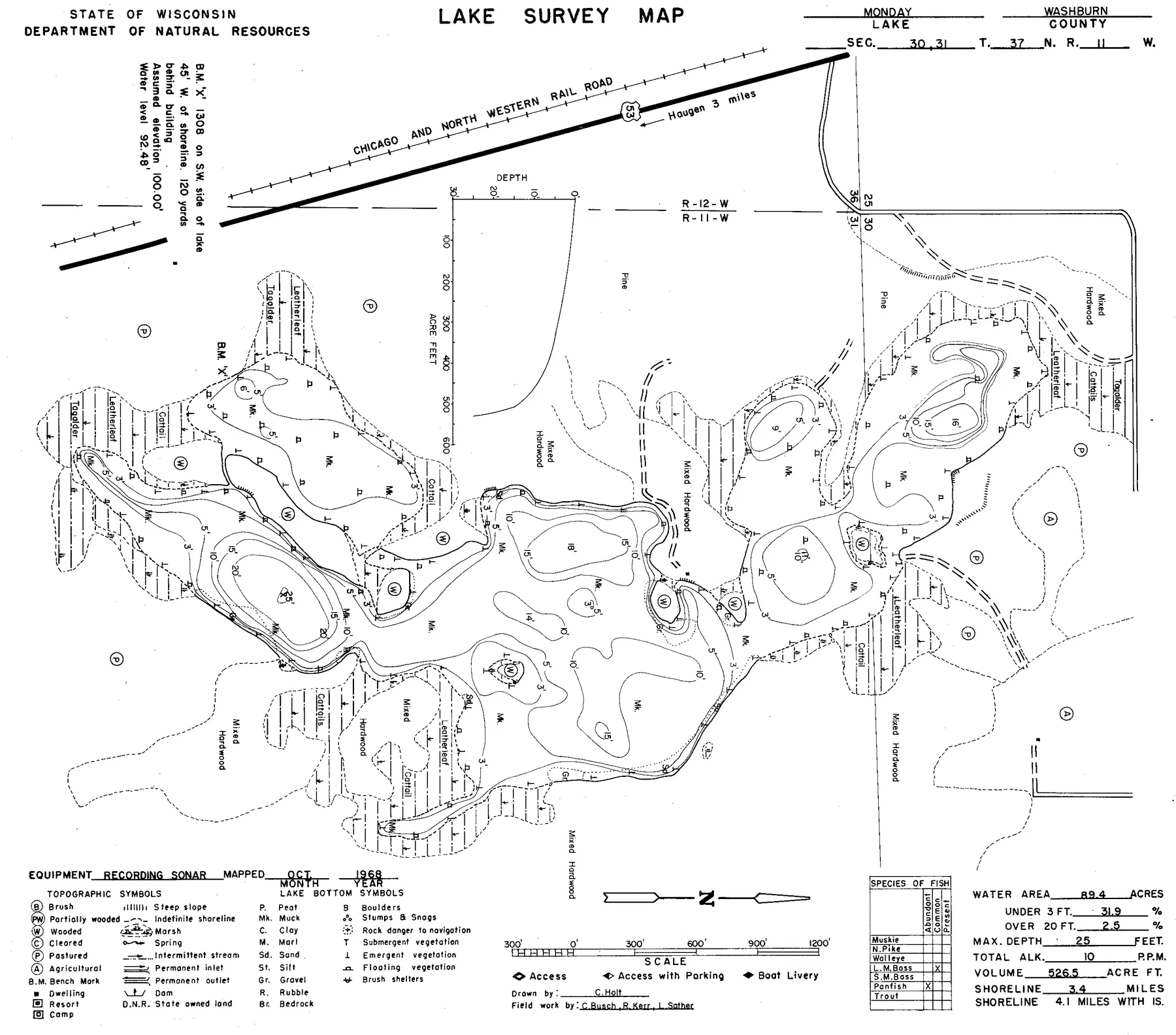Monday Lake historical Wisconsin DNR depth map sheet 1