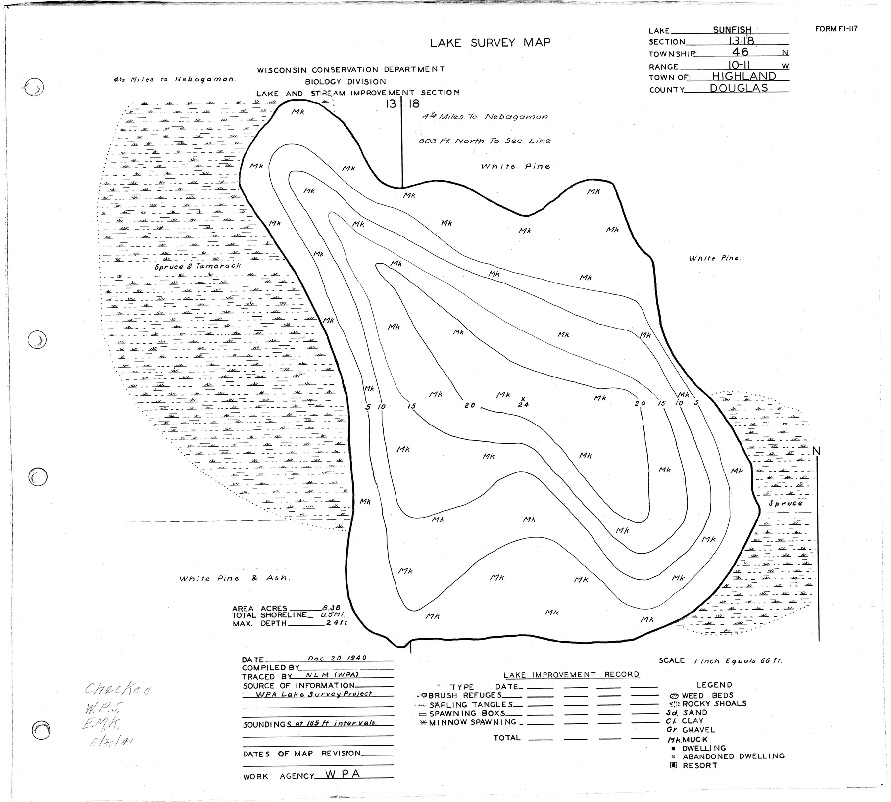 Sunfish Lake historical Wisconsin DNR depth map sheet 1