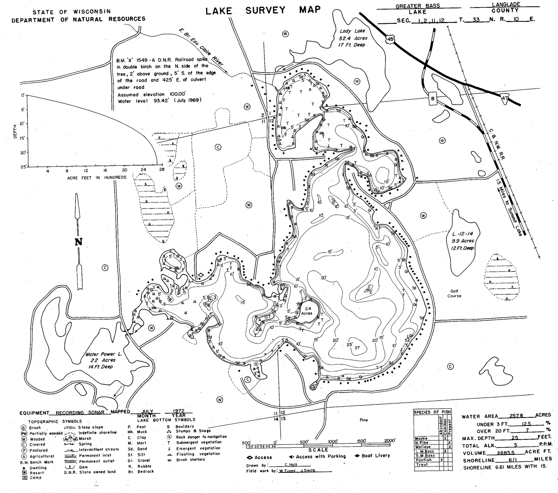 Greater Bass Lake historical Wisconsin DNR depth map sheet 1