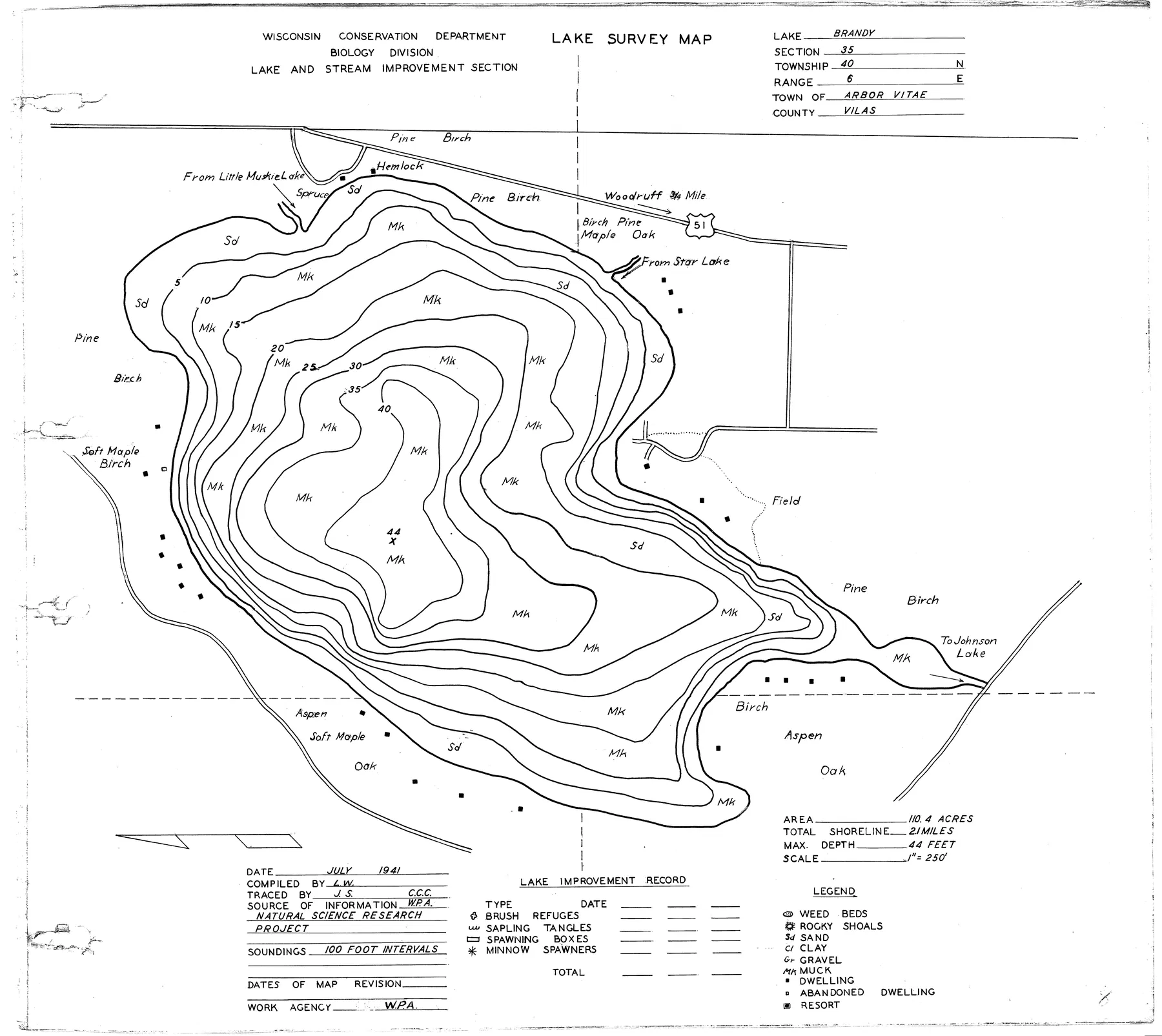 Brandy Lake historical Wisconsin DNR depth map sheet 1