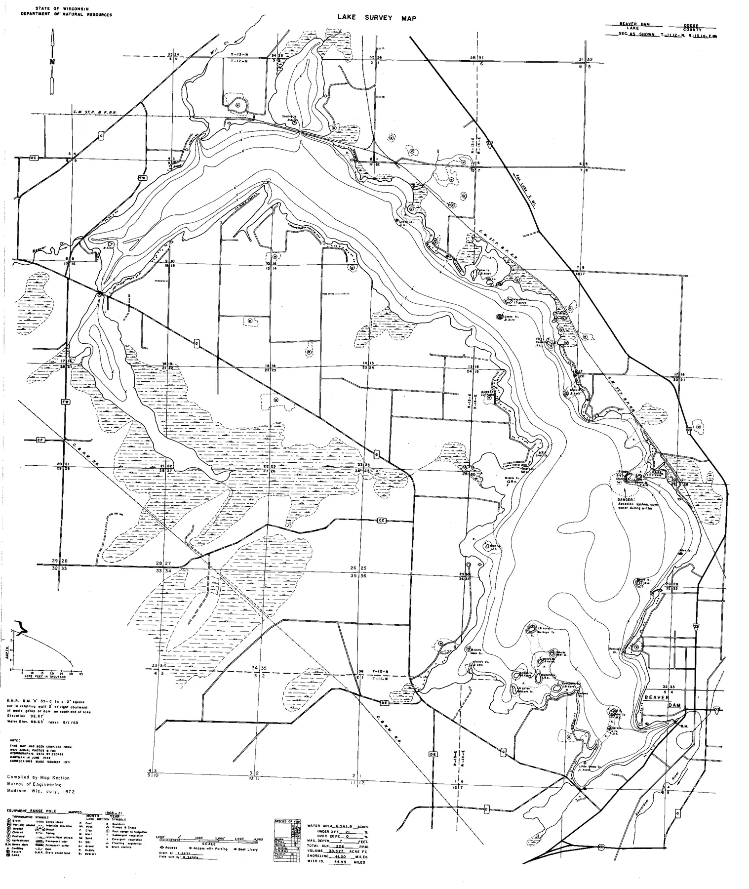 Beaver Dam Lake historical Wisconsin DNR depth map sheet 1