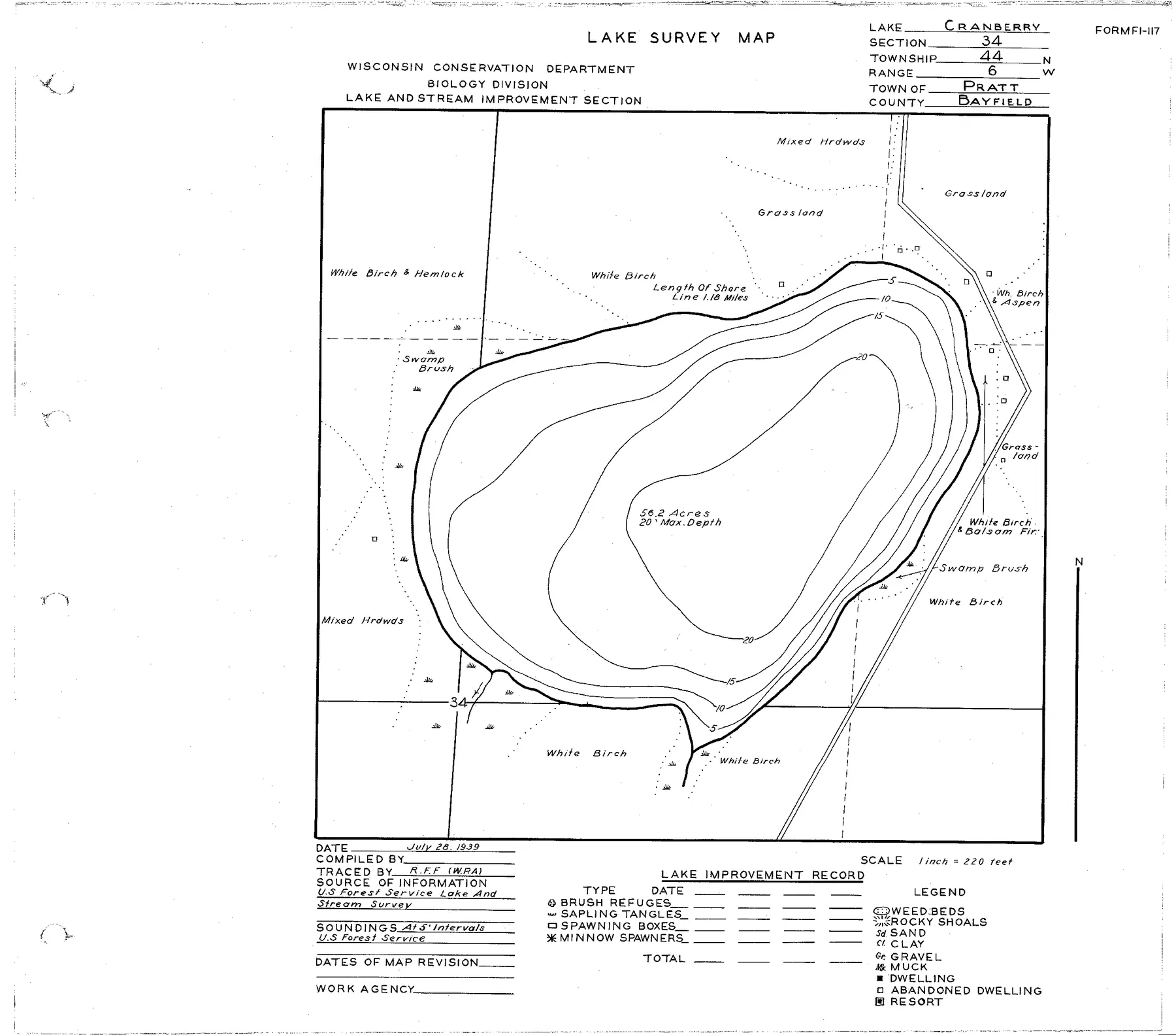 Cranberry Lake historical Wisconsin DNR depth map sheet 1