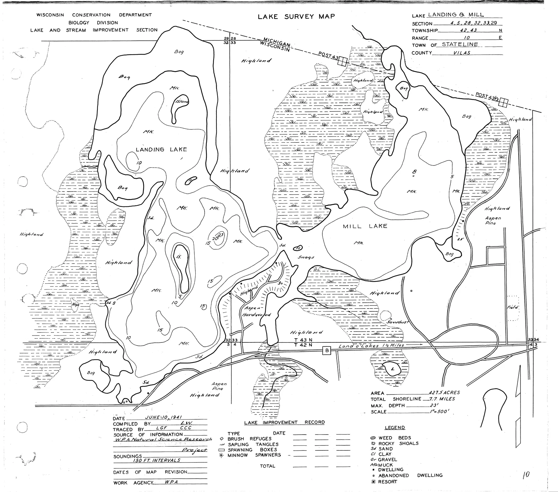 Mill Lake historical Wisconsin DNR depth map sheet 1