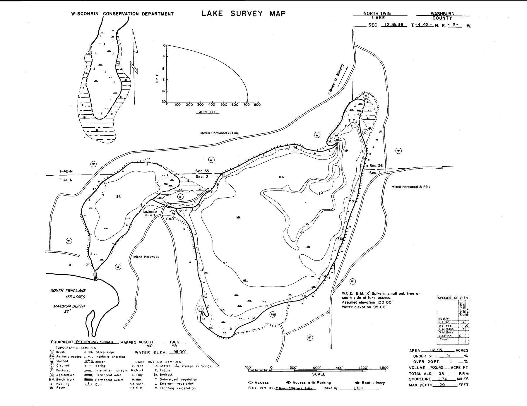 North Twin Lake historical Wisconsin DNR depth map sheet 1