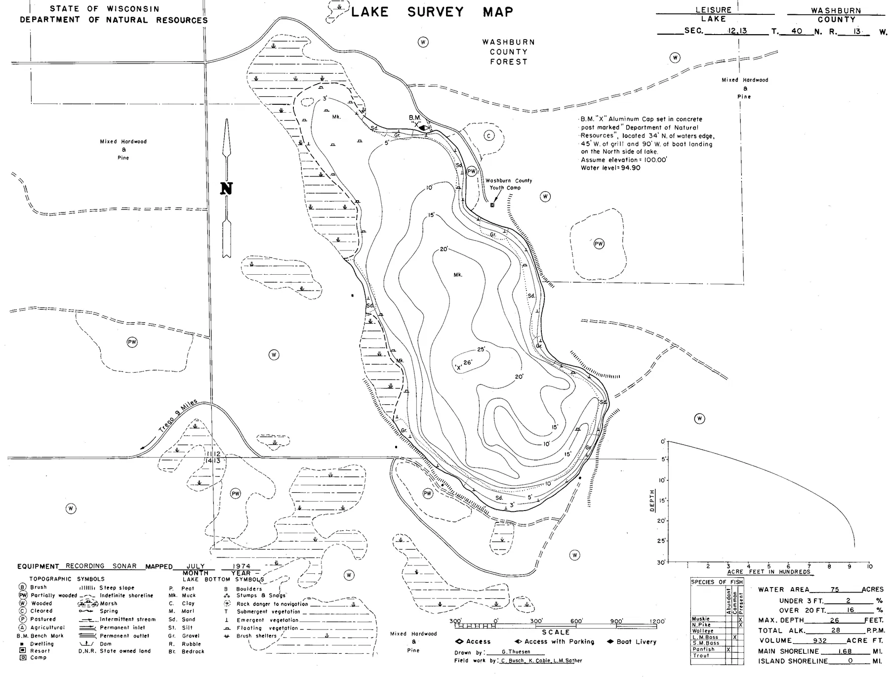 Leisure Lake historical Wisconsin DNR depth map sheet 1
