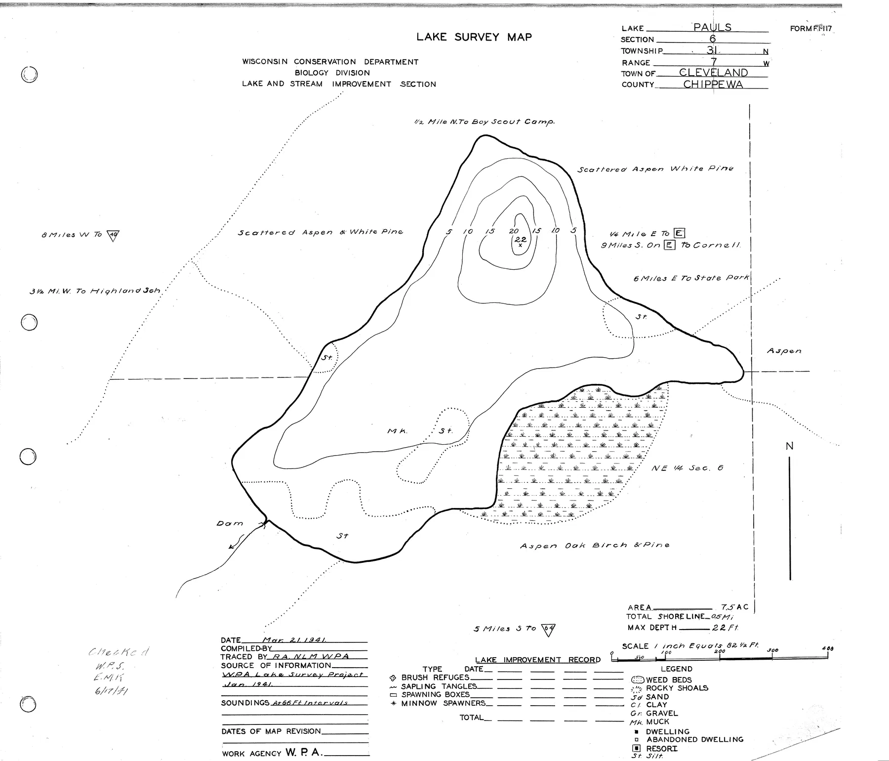Pauls Lake historical Wisconsin DNR depth map sheet 1