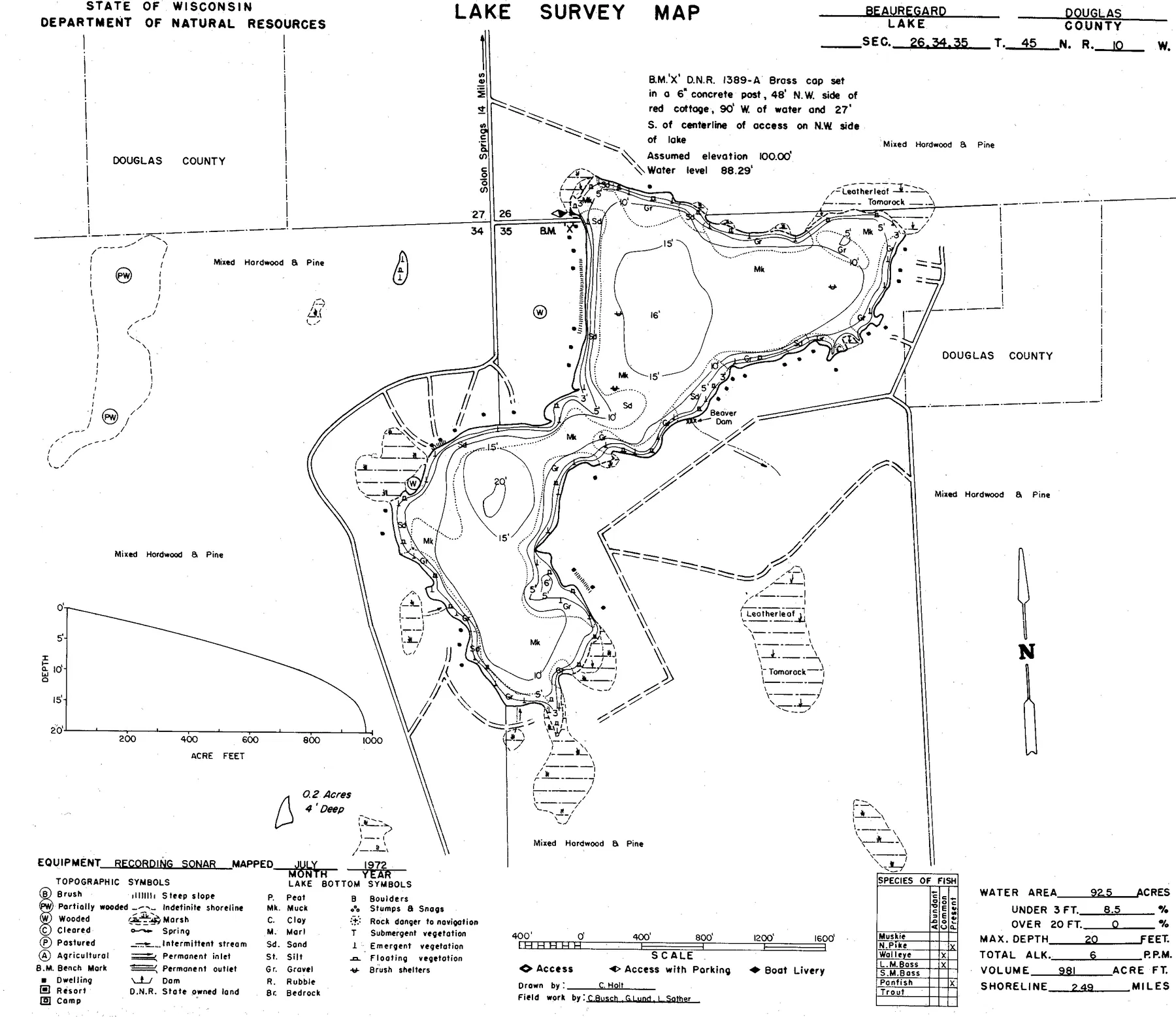 Beauregard Lake historical Wisconsin DNR depth map sheet 1