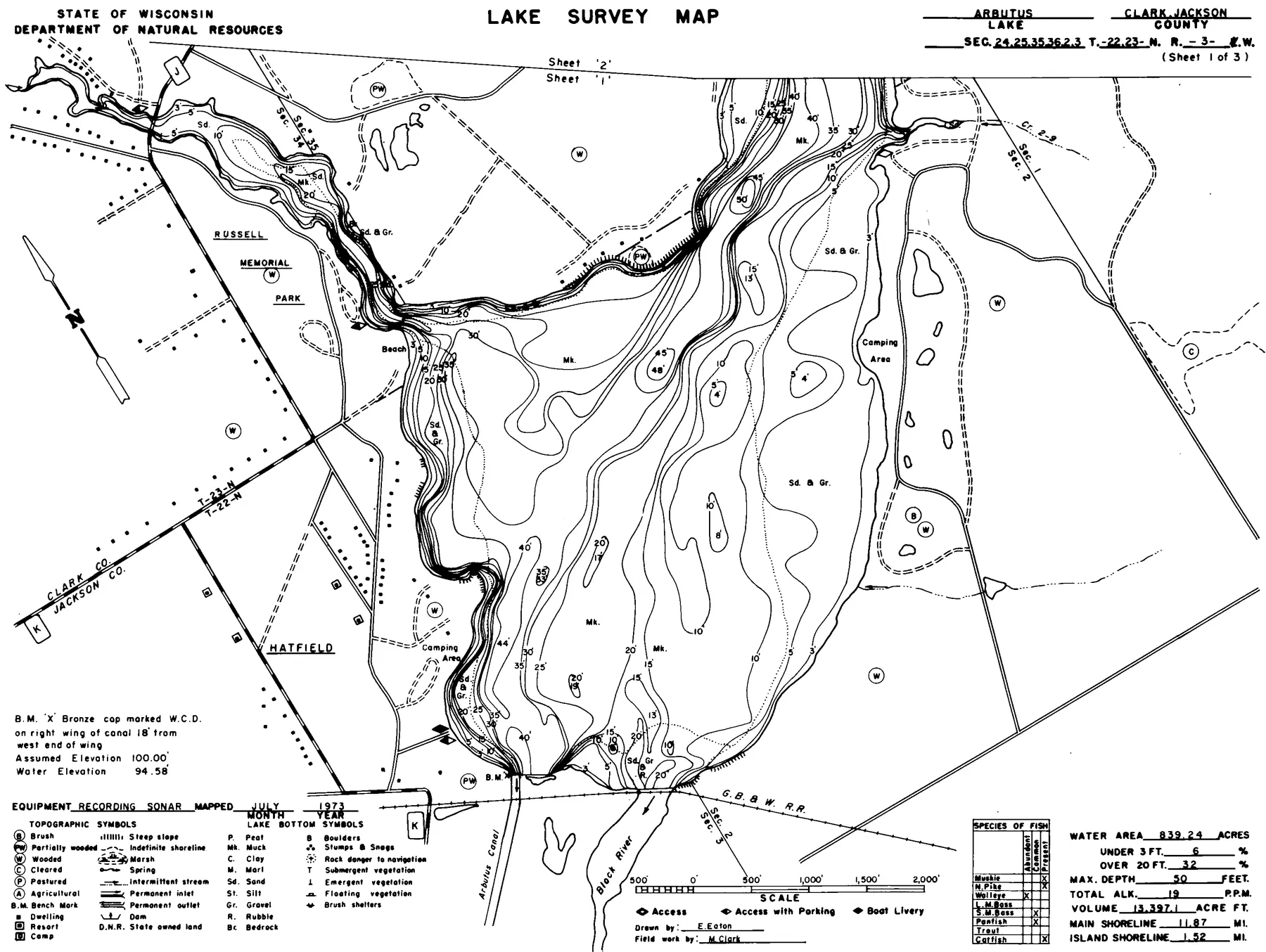 Lake Arbutus historical Wisconsin DNR depth map sheet 1
