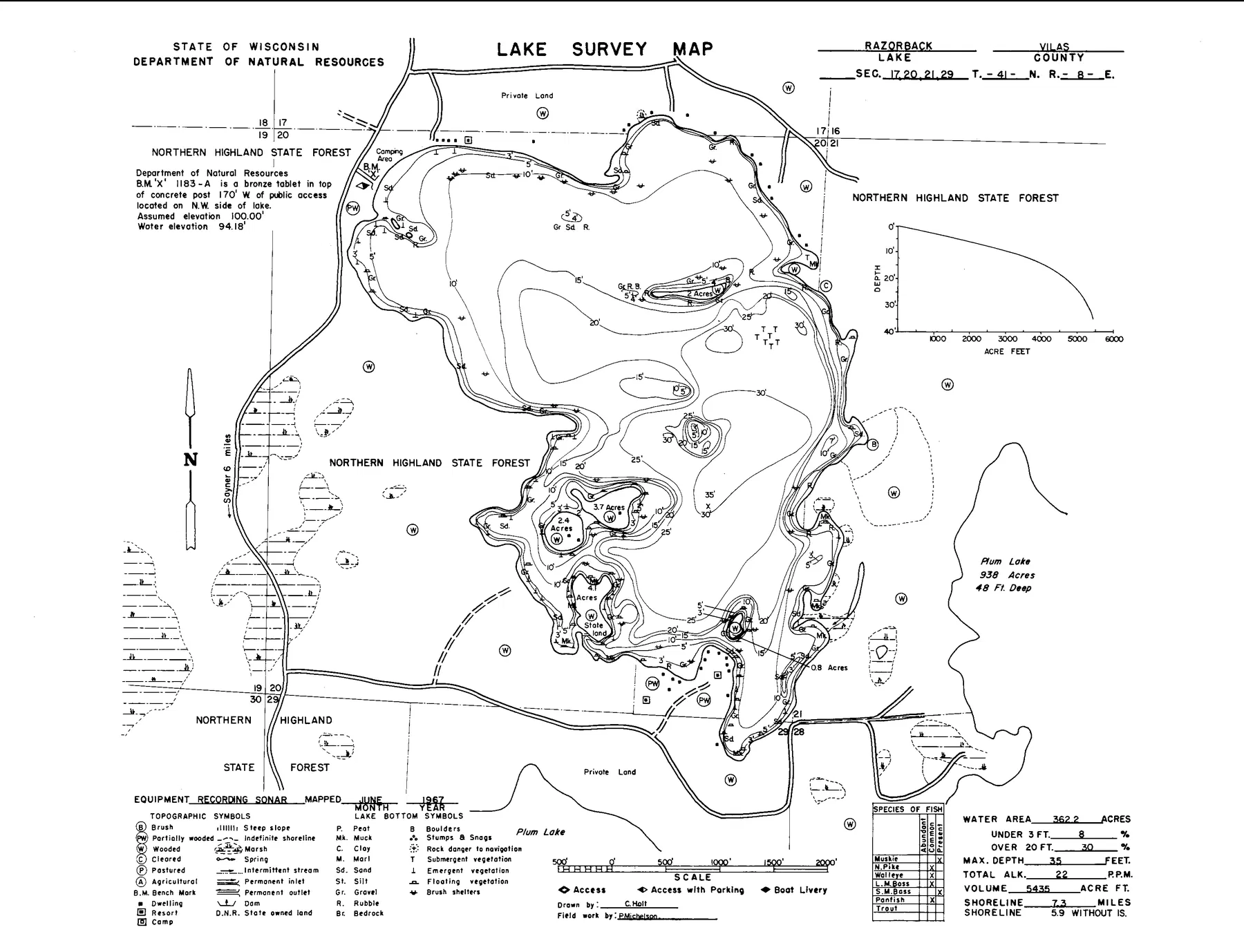 Razorback Lake historical Wisconsin DNR depth map sheet 1