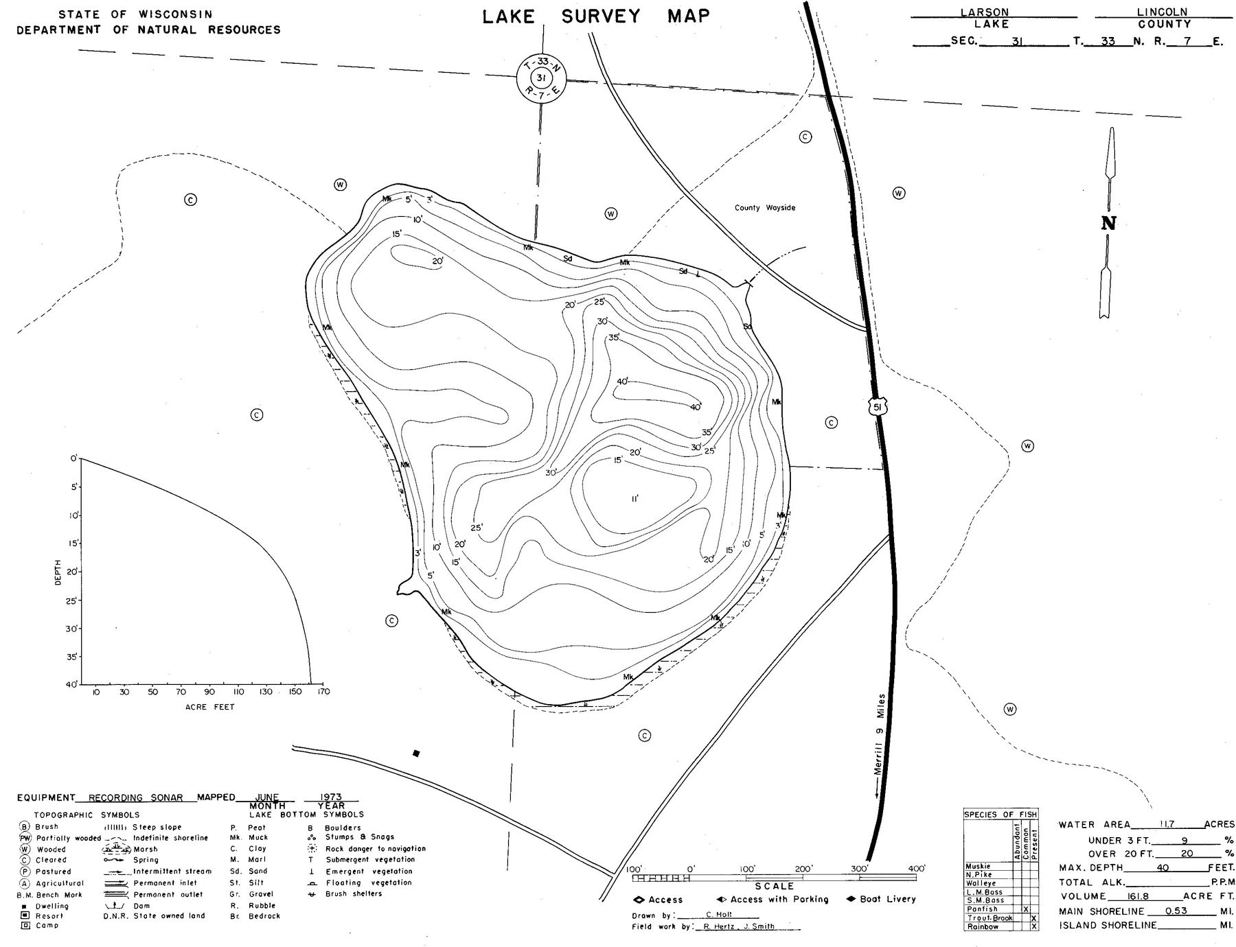 Larson Lake historical Wisconsin DNR depth map sheet 1