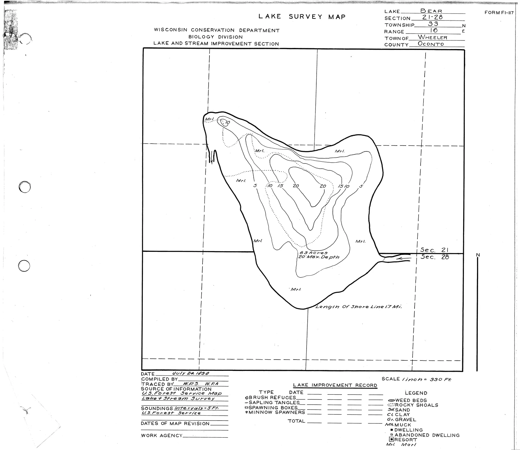 Bear Lake historical Wisconsin DNR depth map sheet 1