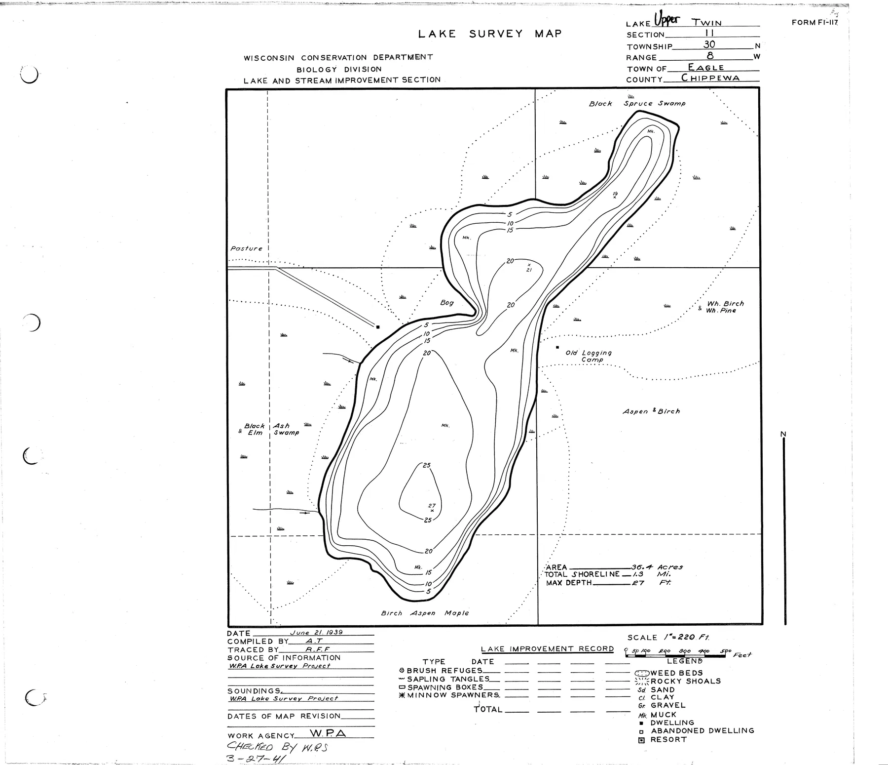 Upper Twin Lake historical Wisconsin DNR depth map sheet 1