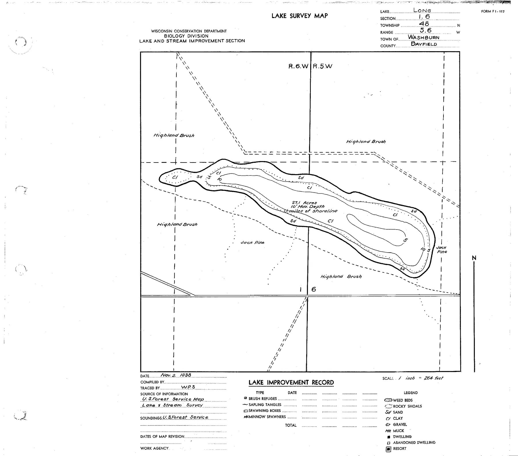 Long Lake historical Wisconsin DNR depth map sheet 1