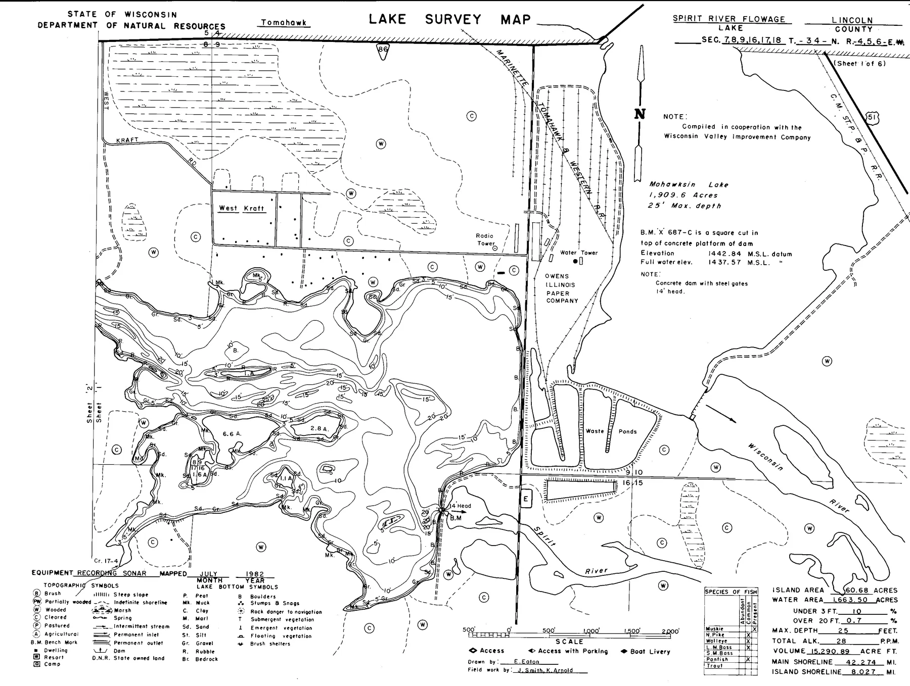 Spirit River Flowage historical Wisconsin DNR depth map sheet 1