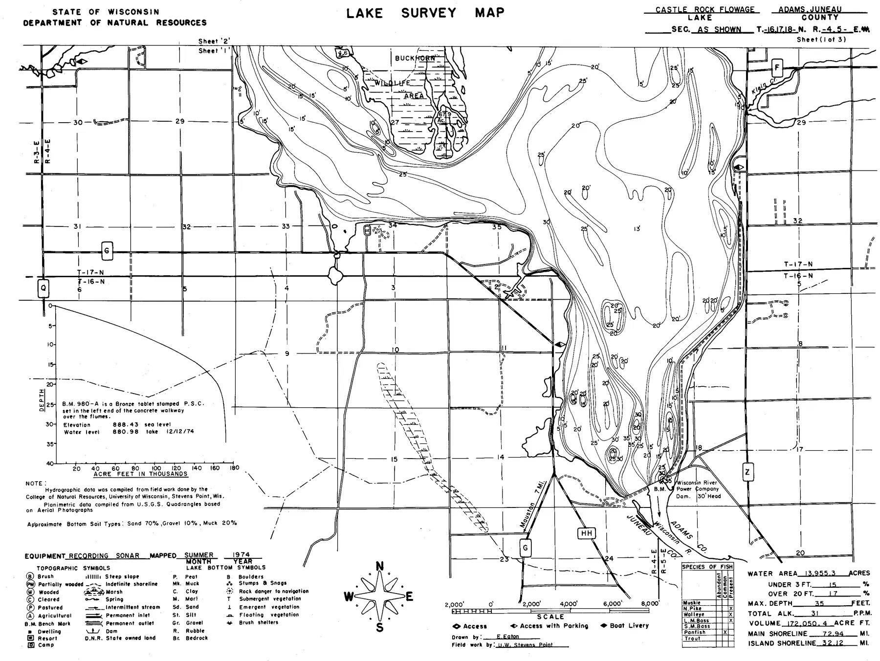 Castle Rock Lake historical Wisconsin DNR depth map sheet 1